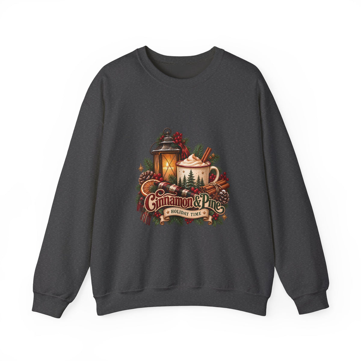 Cinnamon & Pine Crewneck Sweatshirt — Cozy Holiday Lantern Design Sweatshirt