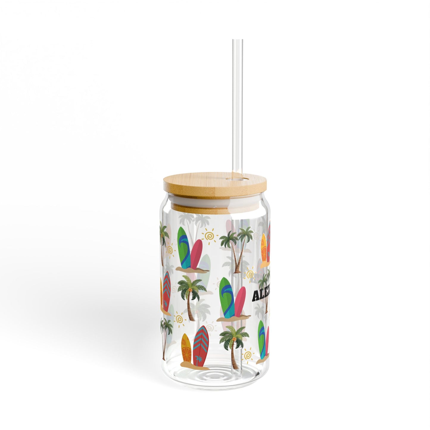 Personalized Surfboard Palm Sipper Glass – 16oz Tropical Beach Tumbler with Straw
