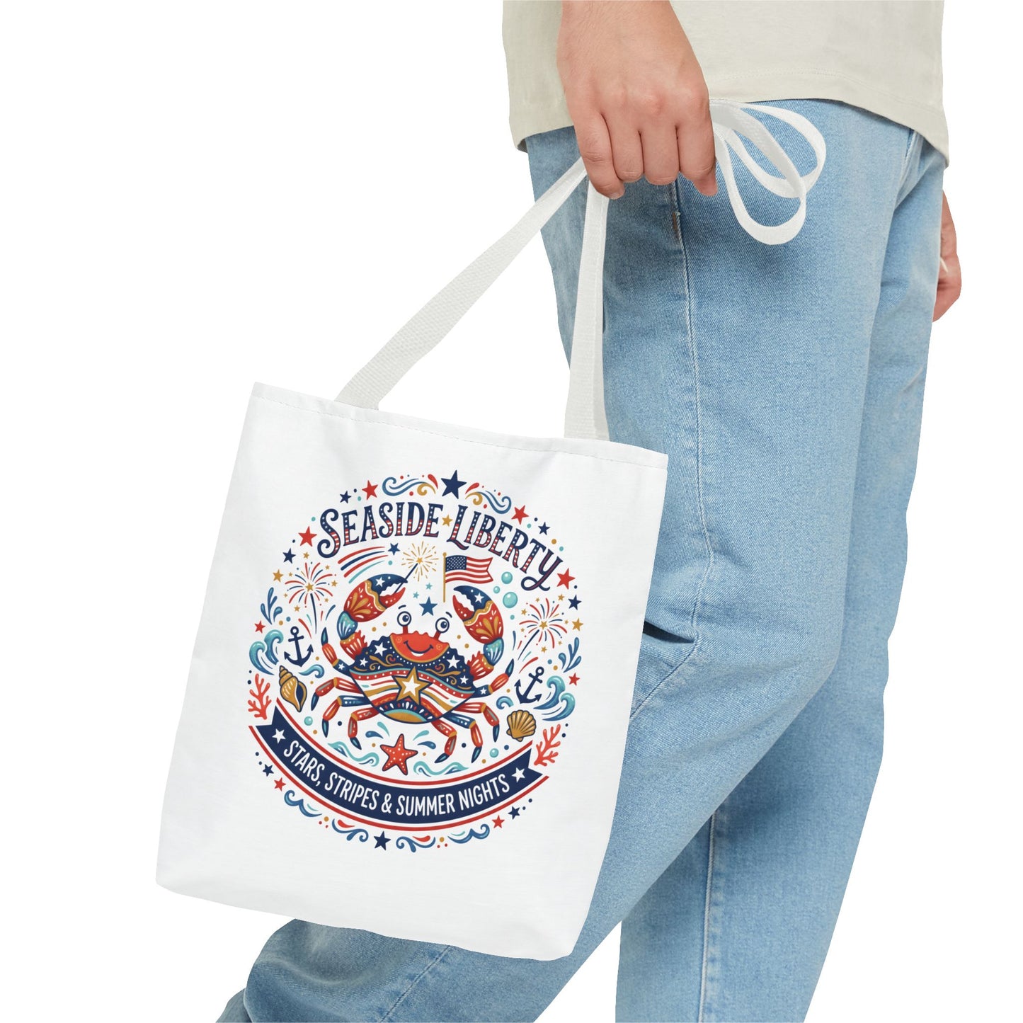 Seaside Liberty Tote Bag — 4th of July, Patriotic Bag "Stars, Stripes & Summer Nights"