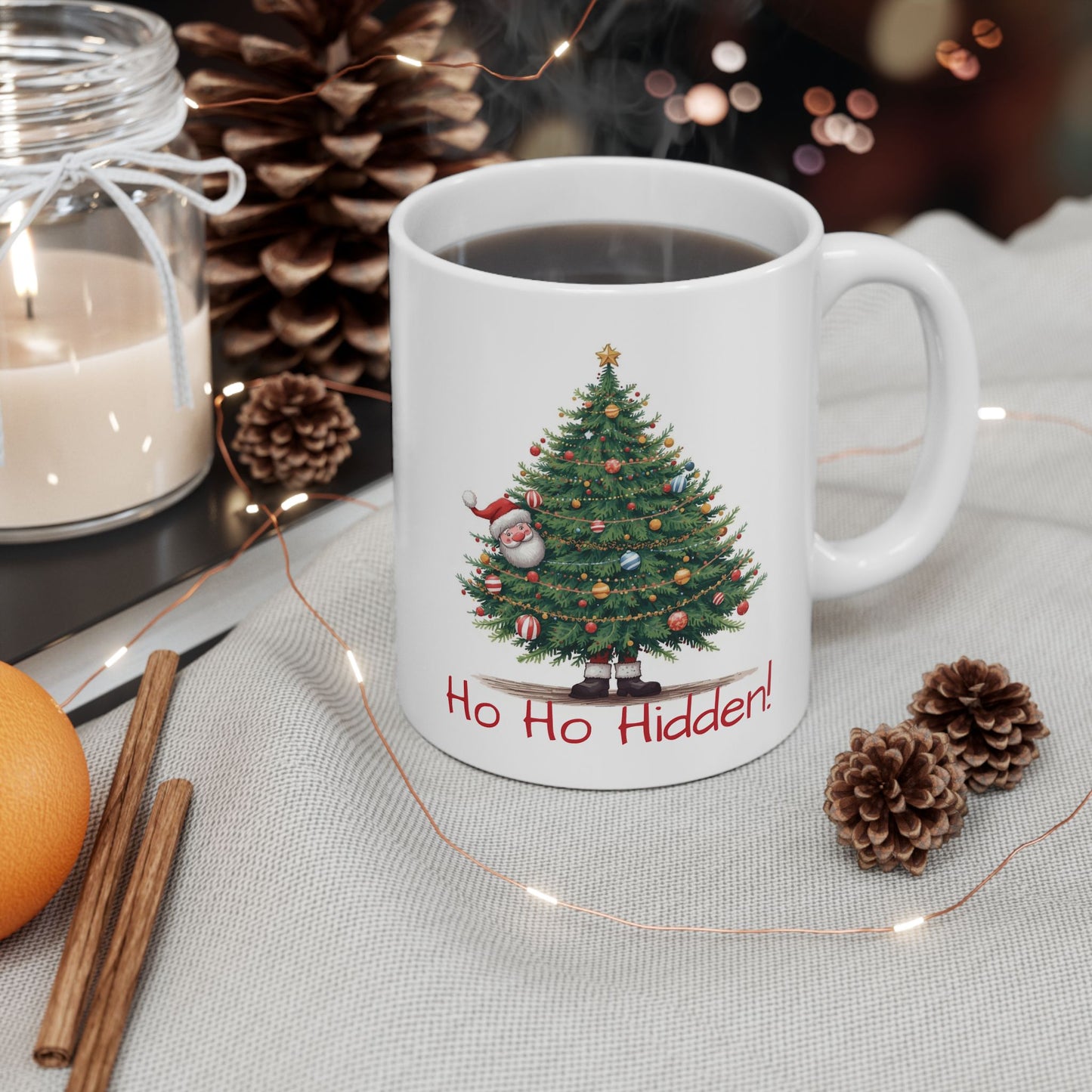 Christmas Tree Ceramic Mug - "Ho Ho Hidden!" Holiday Coffee Cup