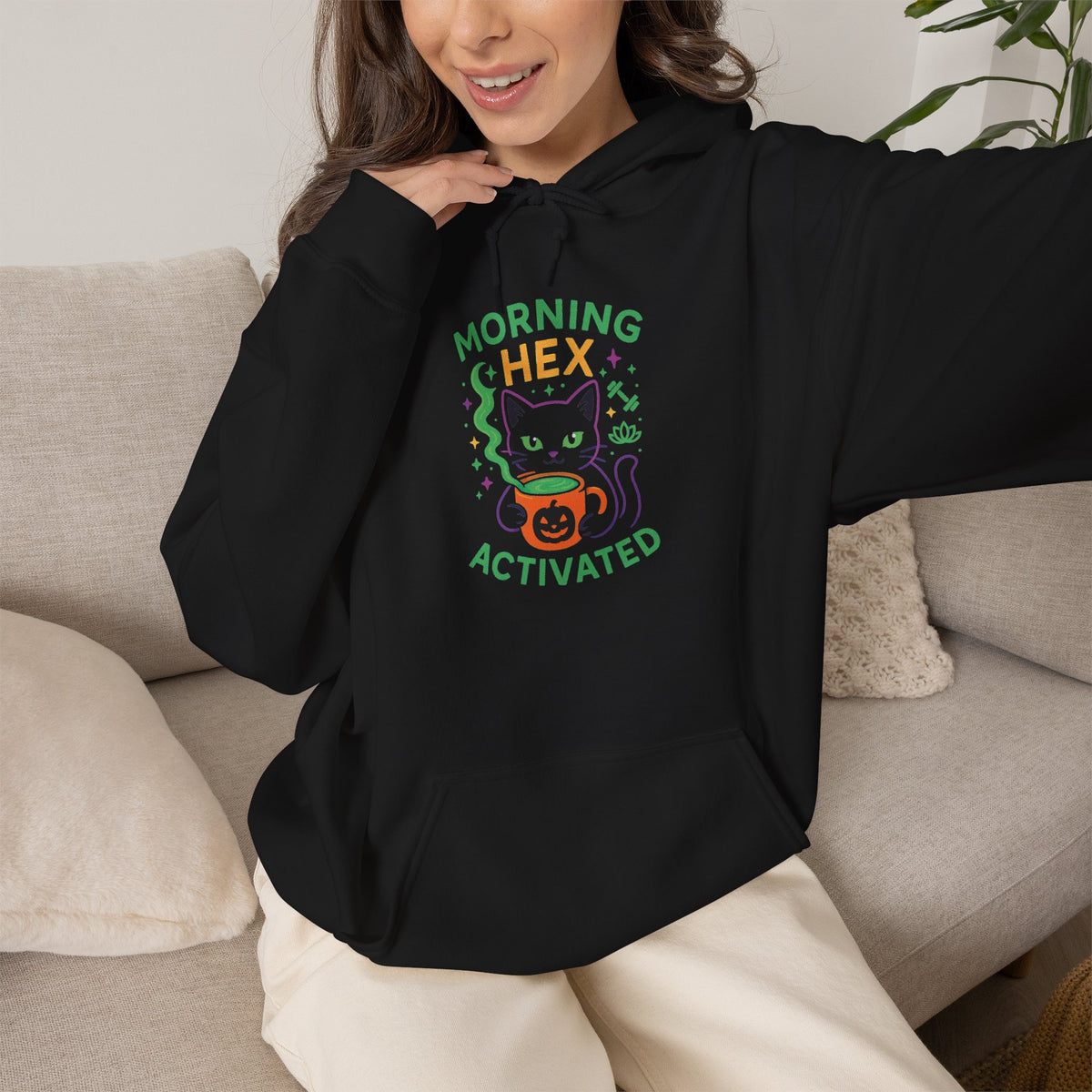 Morning Hex Activated Hoodie, Cozy Black Sweatshirt for Halloween