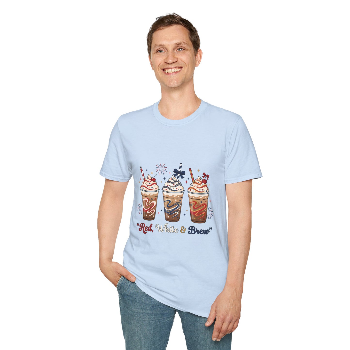 Patriotic Iced Coffee Tee — "Red, White & Brew" Graphic T‑Shirt