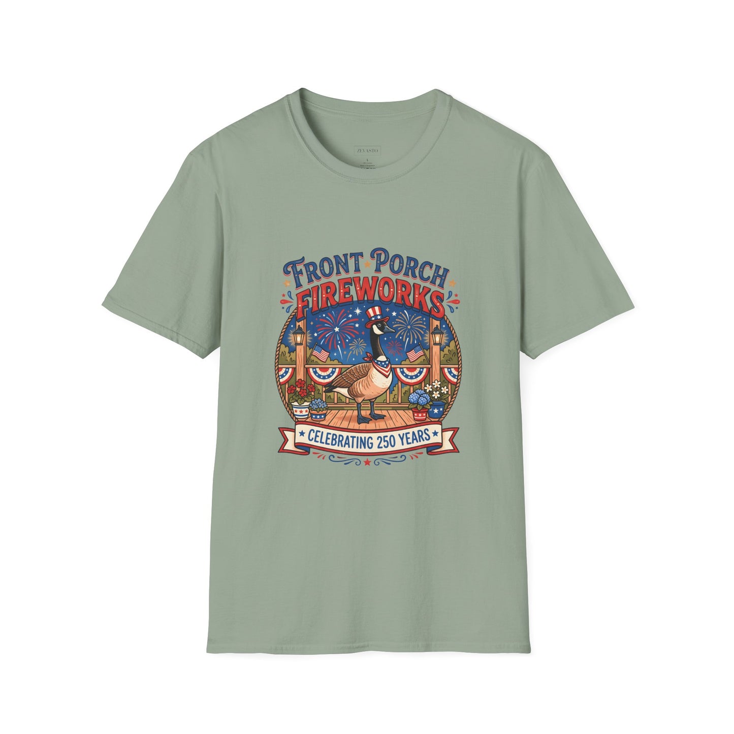Front Porch Fireworks, Goose T-Shirt — Patriotic 4th of July Celebration Tee