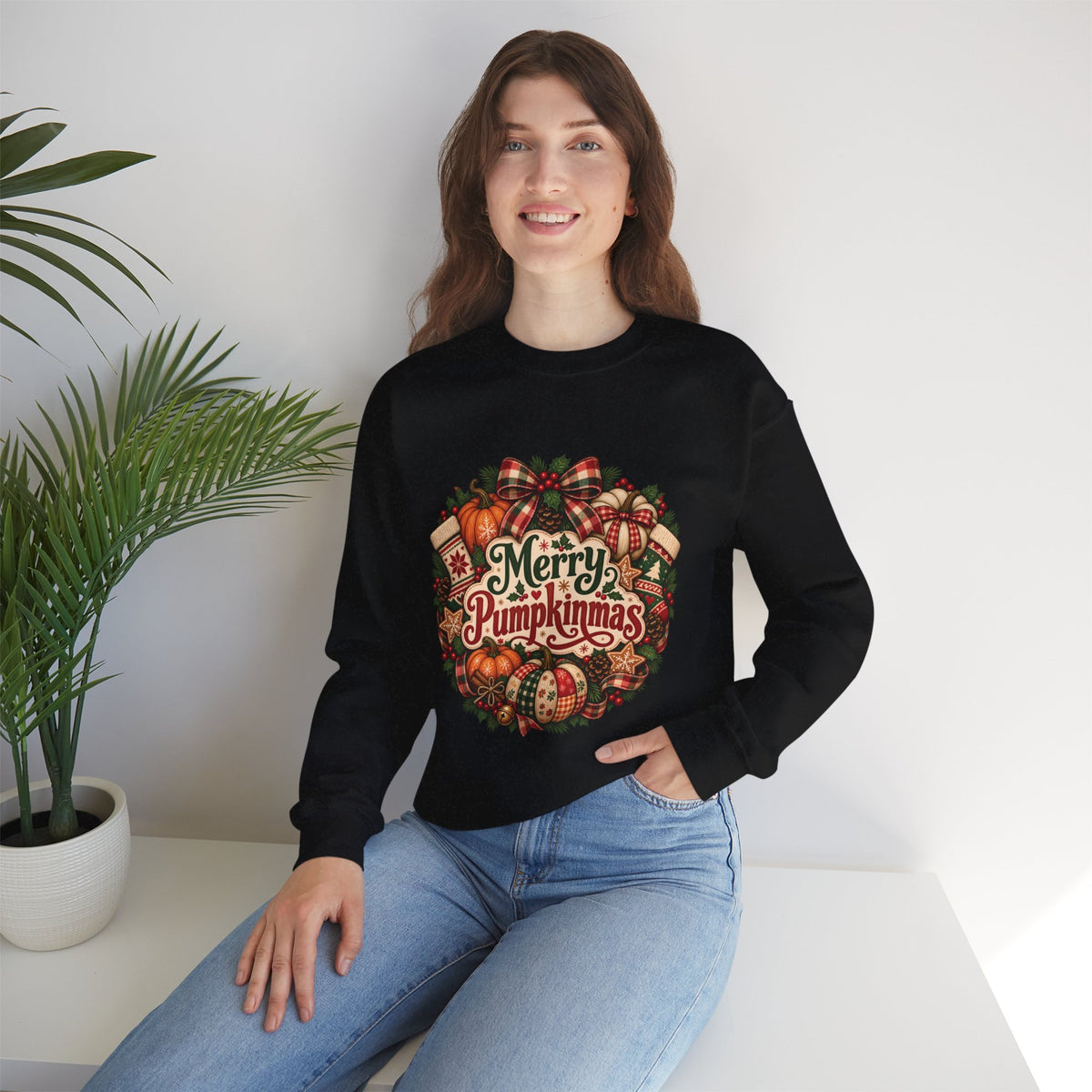 Merry Pumpkinmas Sweatshirt — Holiday Pumpkin Wreath Crewneck