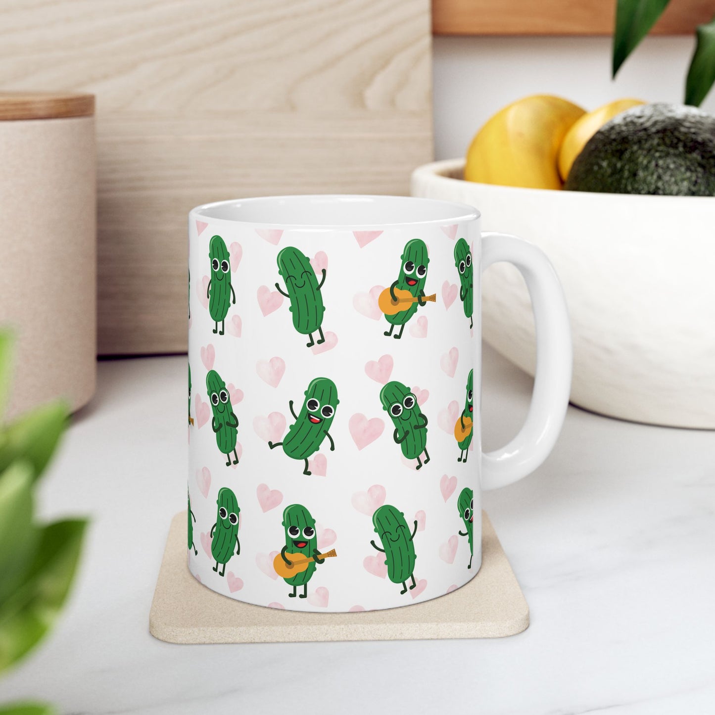 Pickle Love Ceramic Mug — Cute Dancing Pickles Pattern (11oz)