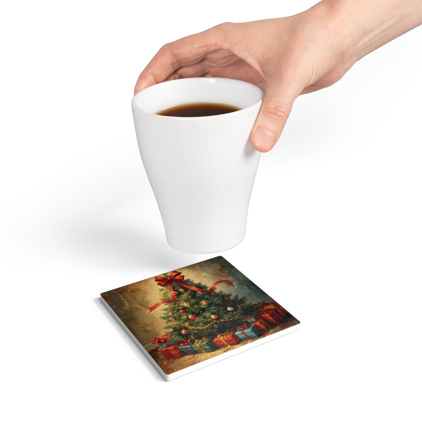 Vintage Christmas Tree Ceramic Coaster, Gift for Coffee Lovers