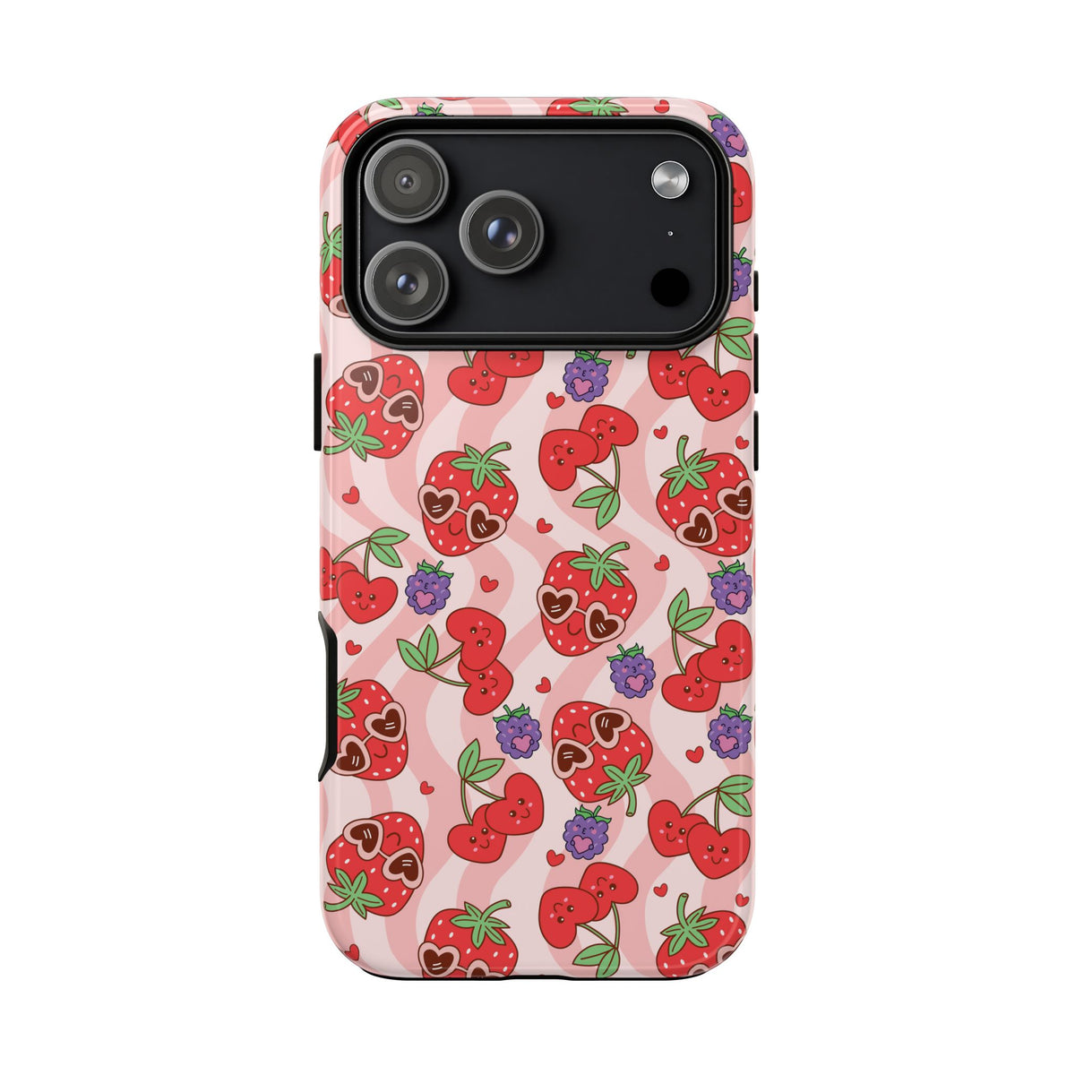 Cute Kawaii Strawberry & Cherry Phone Case — Pink Fruit Pattern Protective Case