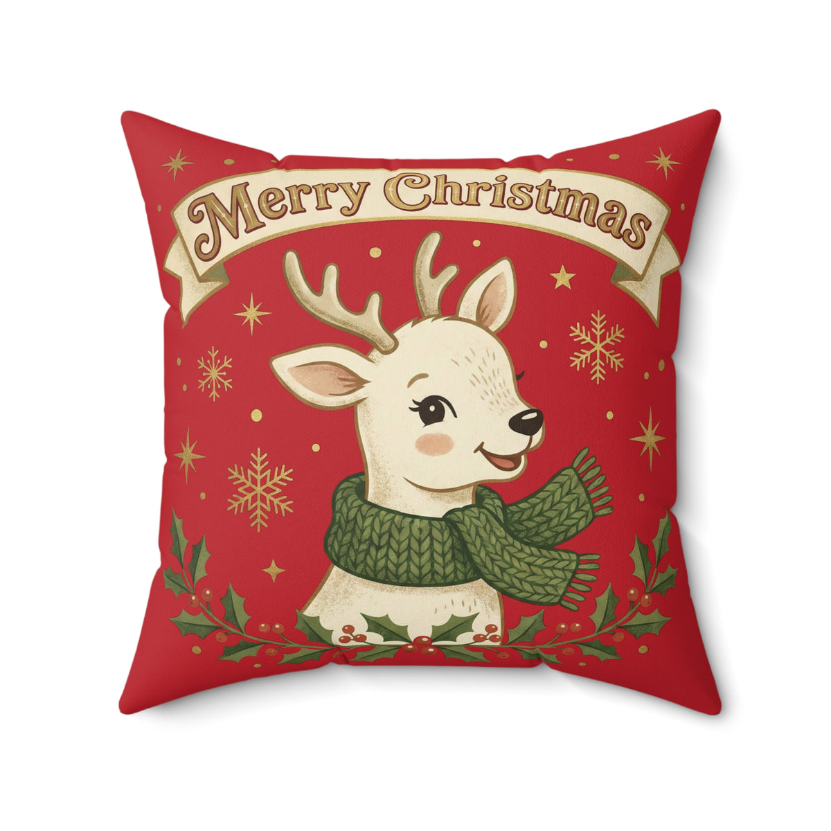 Christmas Reindeer Throw Pillow - "Merry Christmas" Festive Holiday Decor