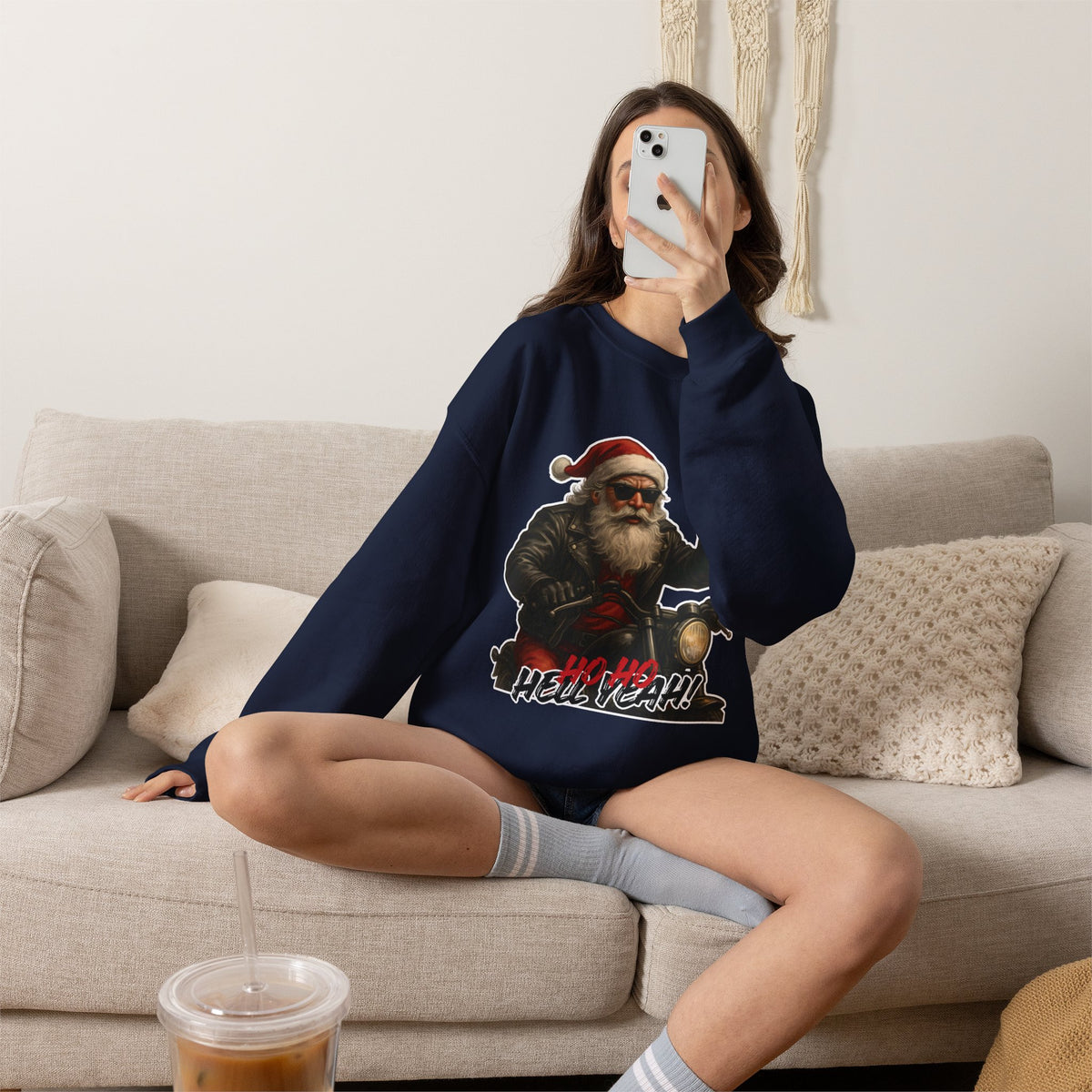 Santa Biker Crewneck Sweatshirt – 'Ho Ho Hell Yeah' Christmas Motorcycle Pullover