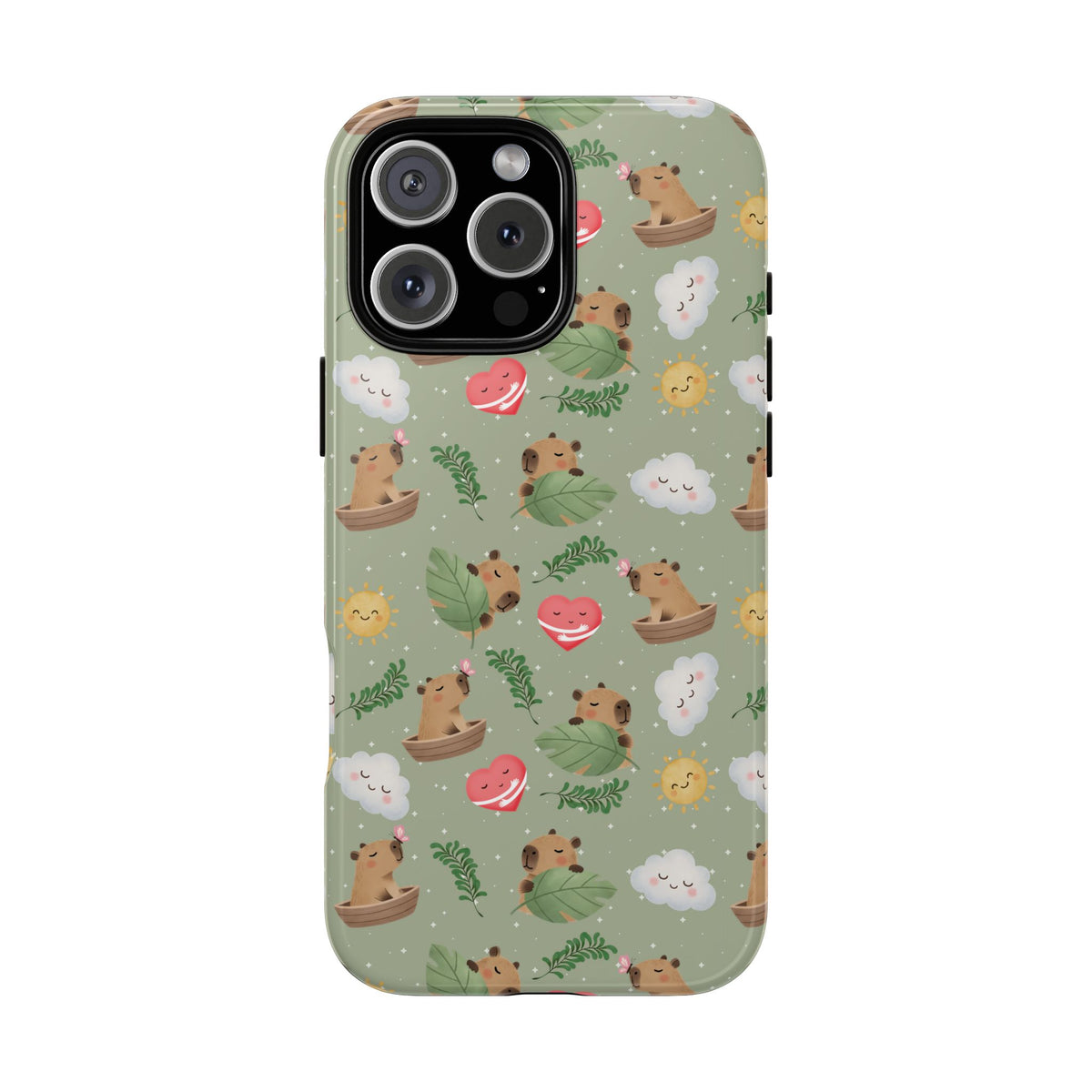 Cute Capybara Pattern Phone Case — Green Botanical Tough Case