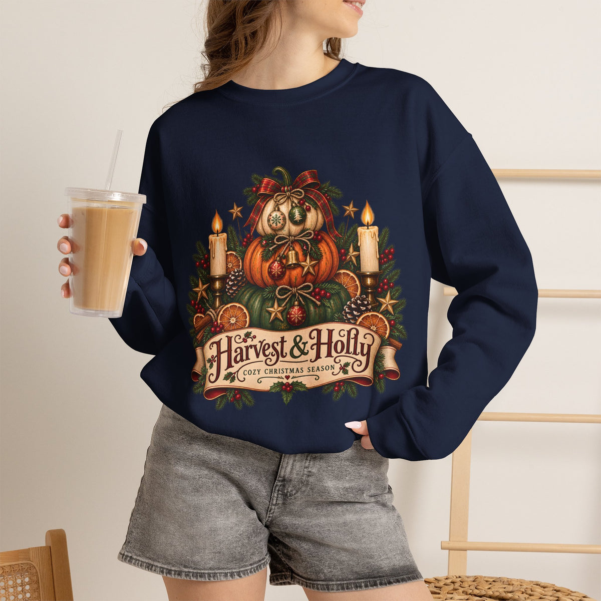 Harvest & Holly Crewneck Sweatshirt — Vintage Pumpkin Fall Graphic Sweatshirt