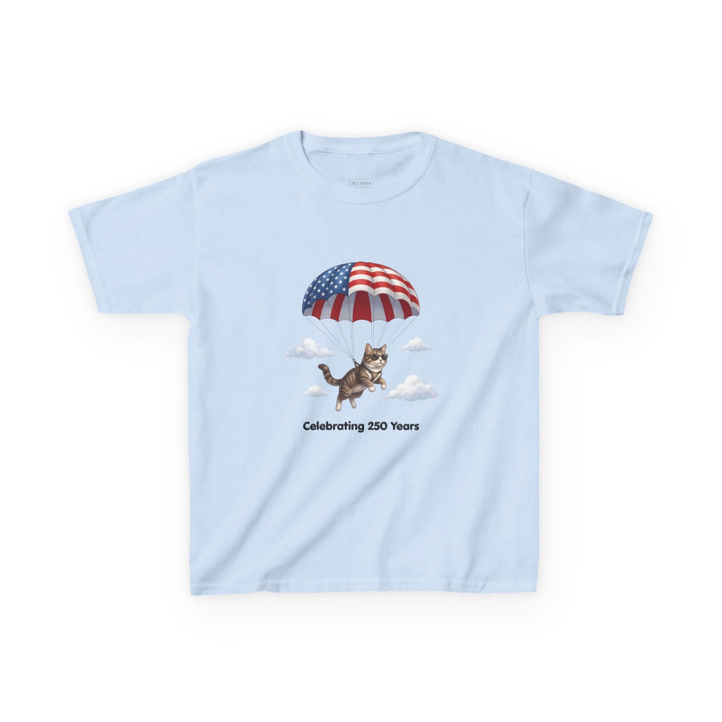 Kids Patriotic Parachuting Cat Tee — "Celebrating 250 Years"