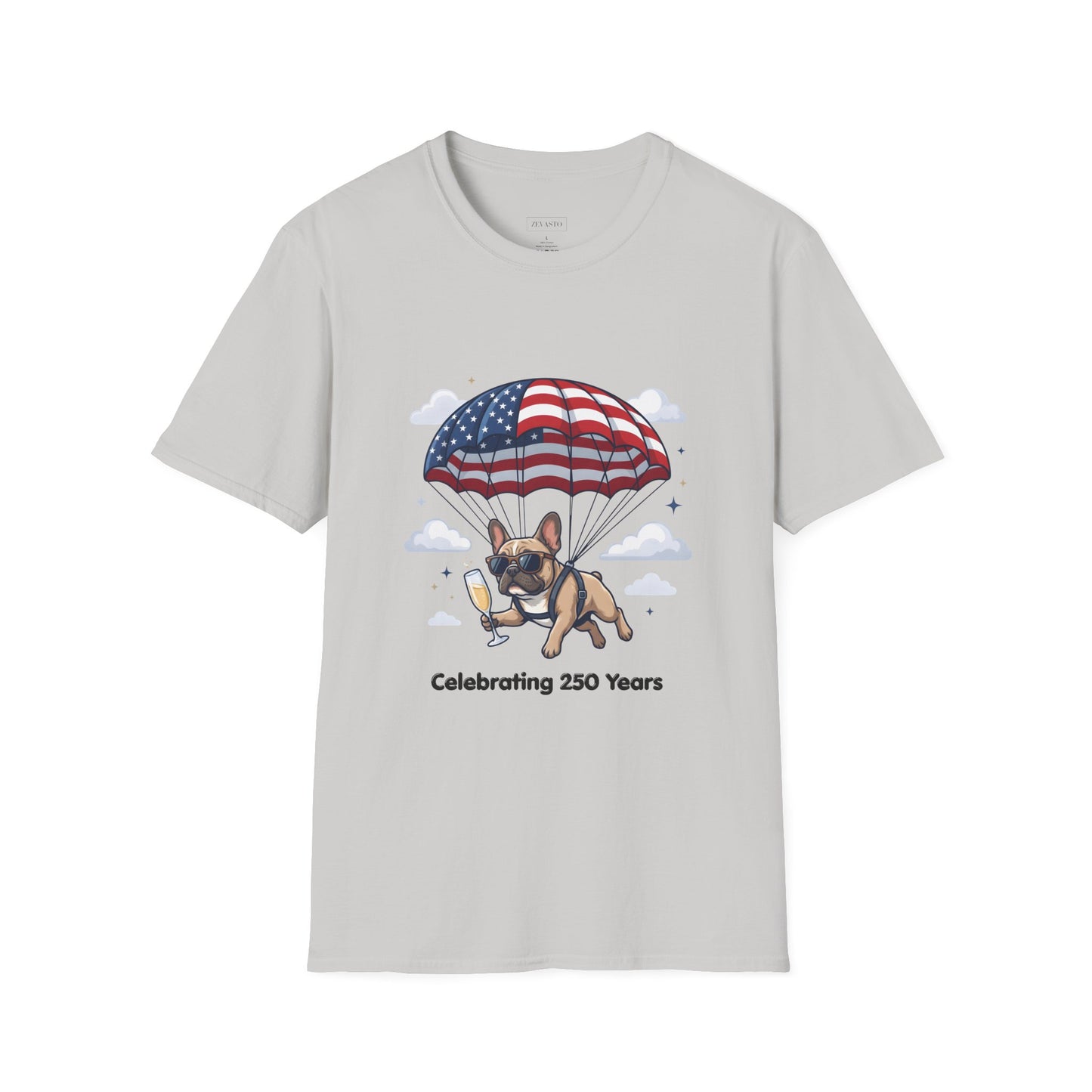 Patriotic French Bulldog T-Shirt — "Celebrating 250 Years" Parachute Design