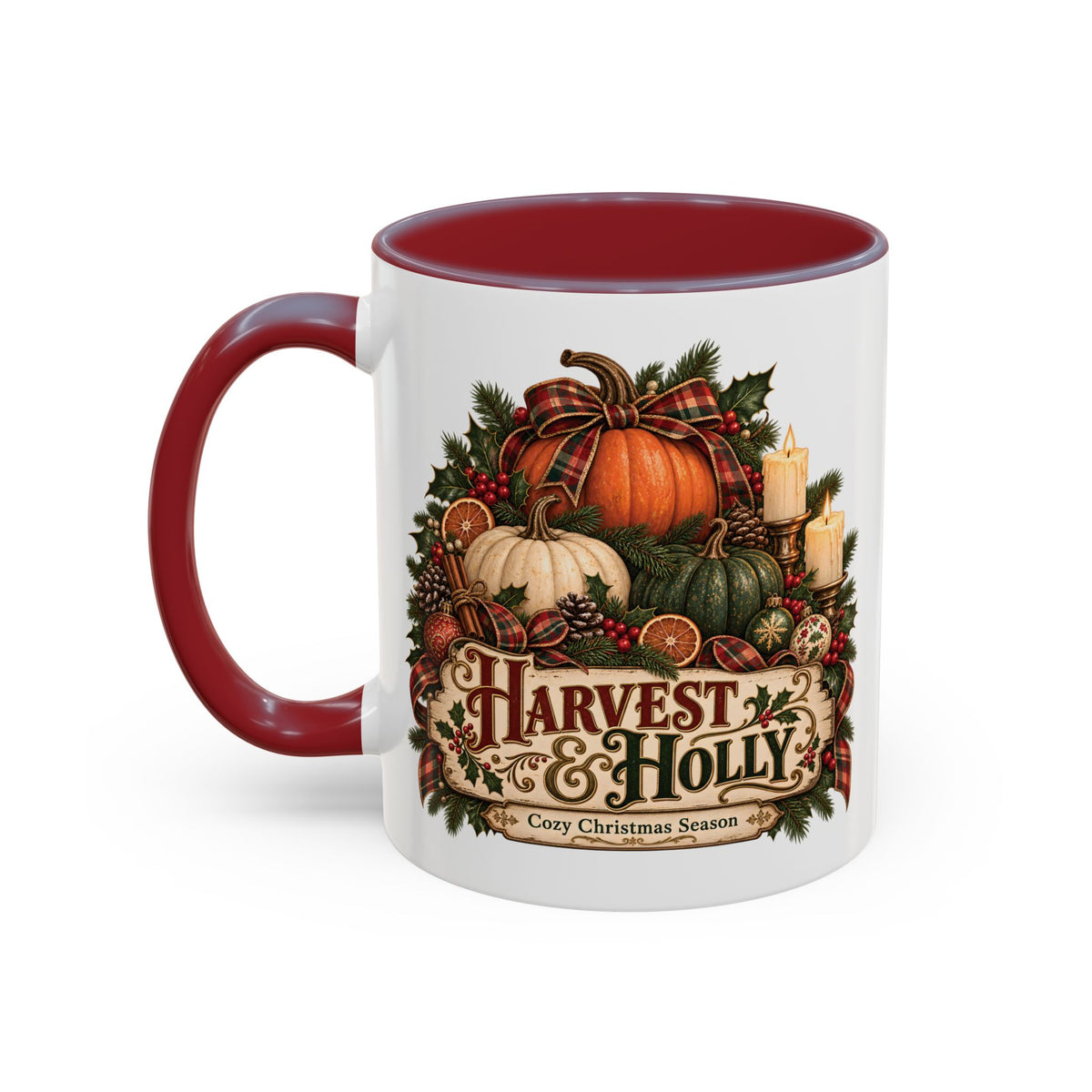 Harvest & Holly Accent Coffee Mug - Vintage Christmas Holiday Mug (11 oz)