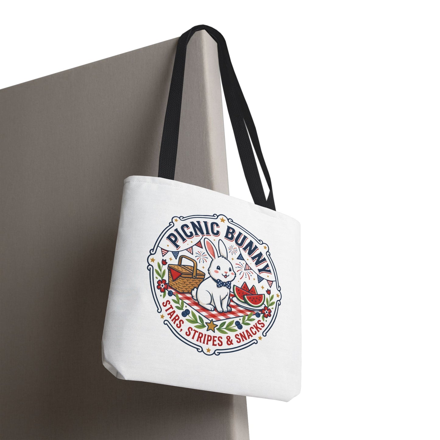 Patriotic Picnic Bunny Tote Bag — ‘Stars, Stripes & Snacks’ Cute Rabbit Picnic Tote, 4th of July Tote