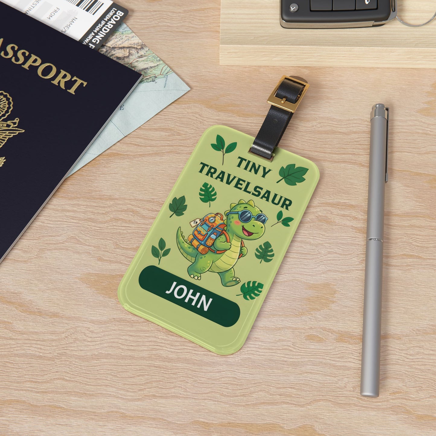 Tiny Travelsaur Luggage Tag — Personalized Kids Travel ID, Custom Travel Tag