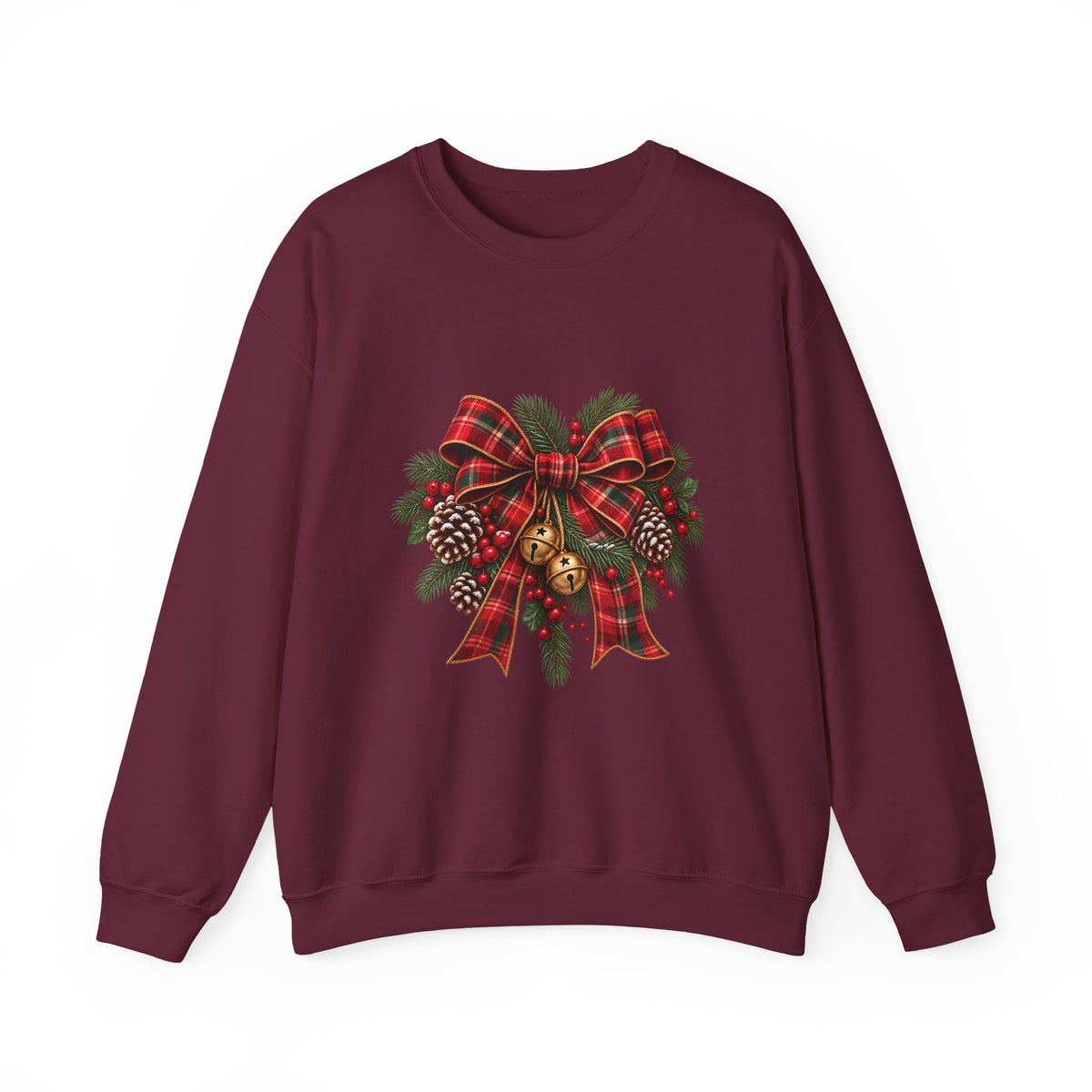 Christmas Plaid Bow Sweatshirt - Holiday Pinecone & Jingle Bells Crewneck