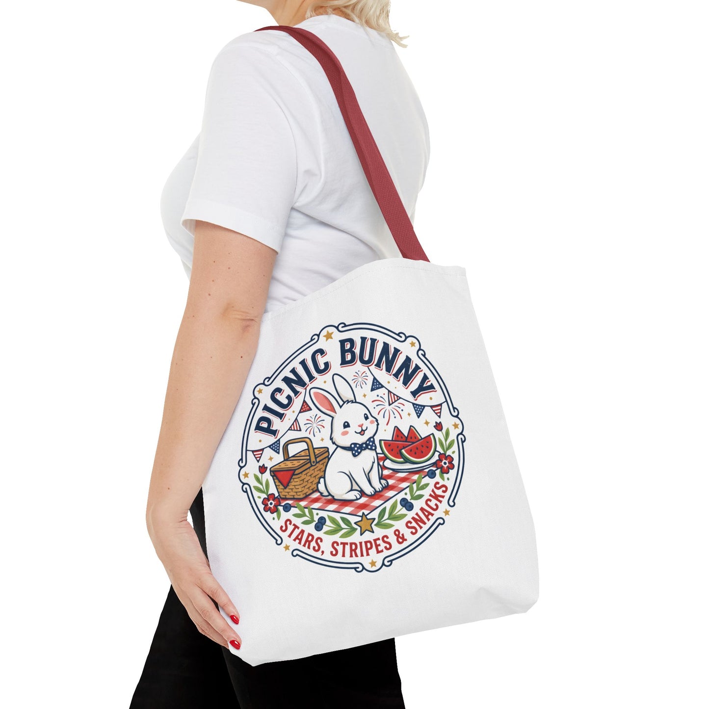 Patriotic Picnic Bunny Tote Bag — ‘Stars, Stripes & Snacks’ Cute Rabbit Picnic Tote, 4th of July Tote