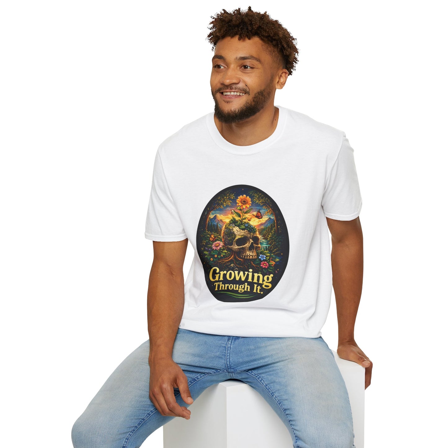 Growing Through It T-Shirt – Earth Day Nature Skull Graphic Tee | Mental Growth & Healing Shirt | Botanical Aesthetic Unisex Tee