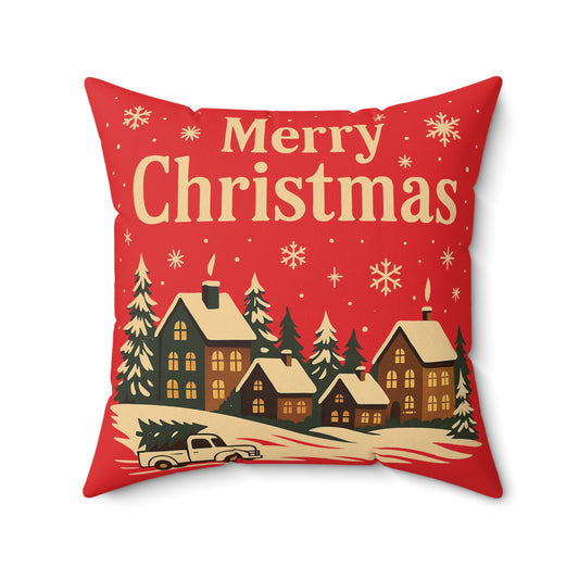 Merry Christmas Village Throw Pillow - Festive Holiday Decorative Cushion