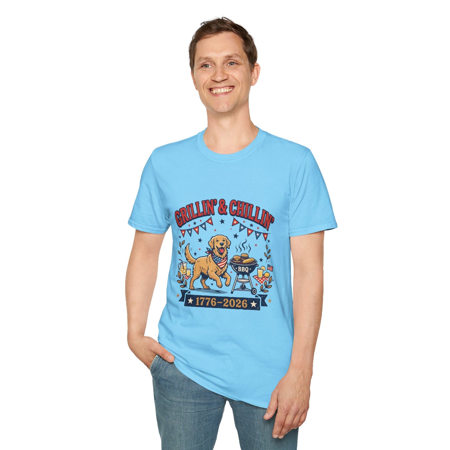 Grillin' & Chillin' BBQ Dog T-Shirt — 1776-2026 Patriotic Summer Tee, 4th of July Shirt, Independence Day Tee