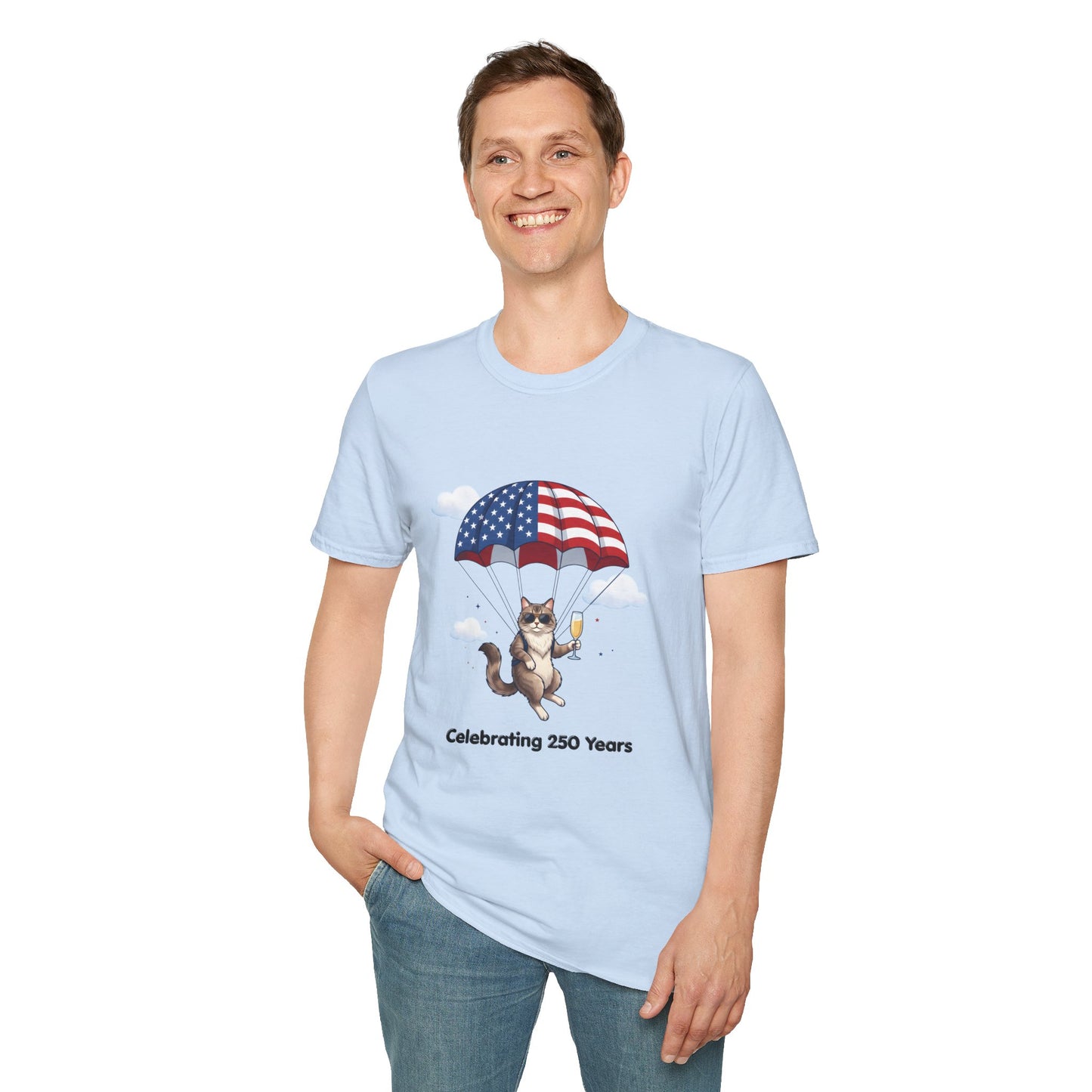 Patriotic Cat Parachute T-Shirt — "Celebrating 250 Years" 4th of July Tee