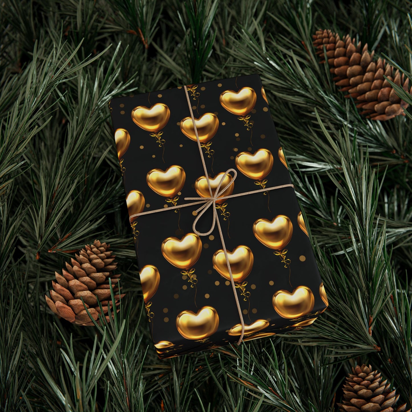Gold Heart Pattern Wrapping Paper — Black & Metallic Gift Wrap for Valentine’s, Anniversaries, Weddings