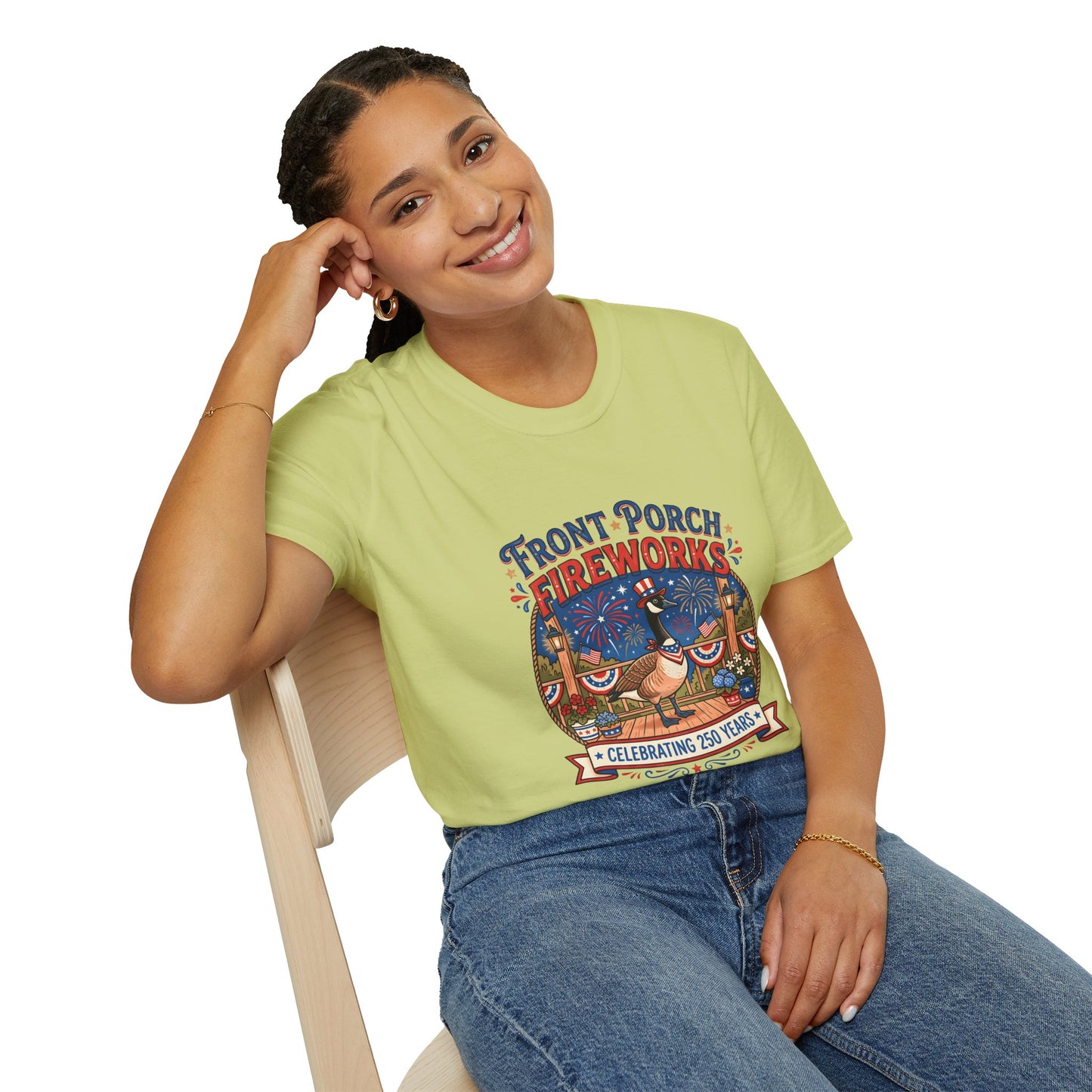 Front Porch Fireworks, Goose T-Shirt — Patriotic 4th of July Celebration Tee