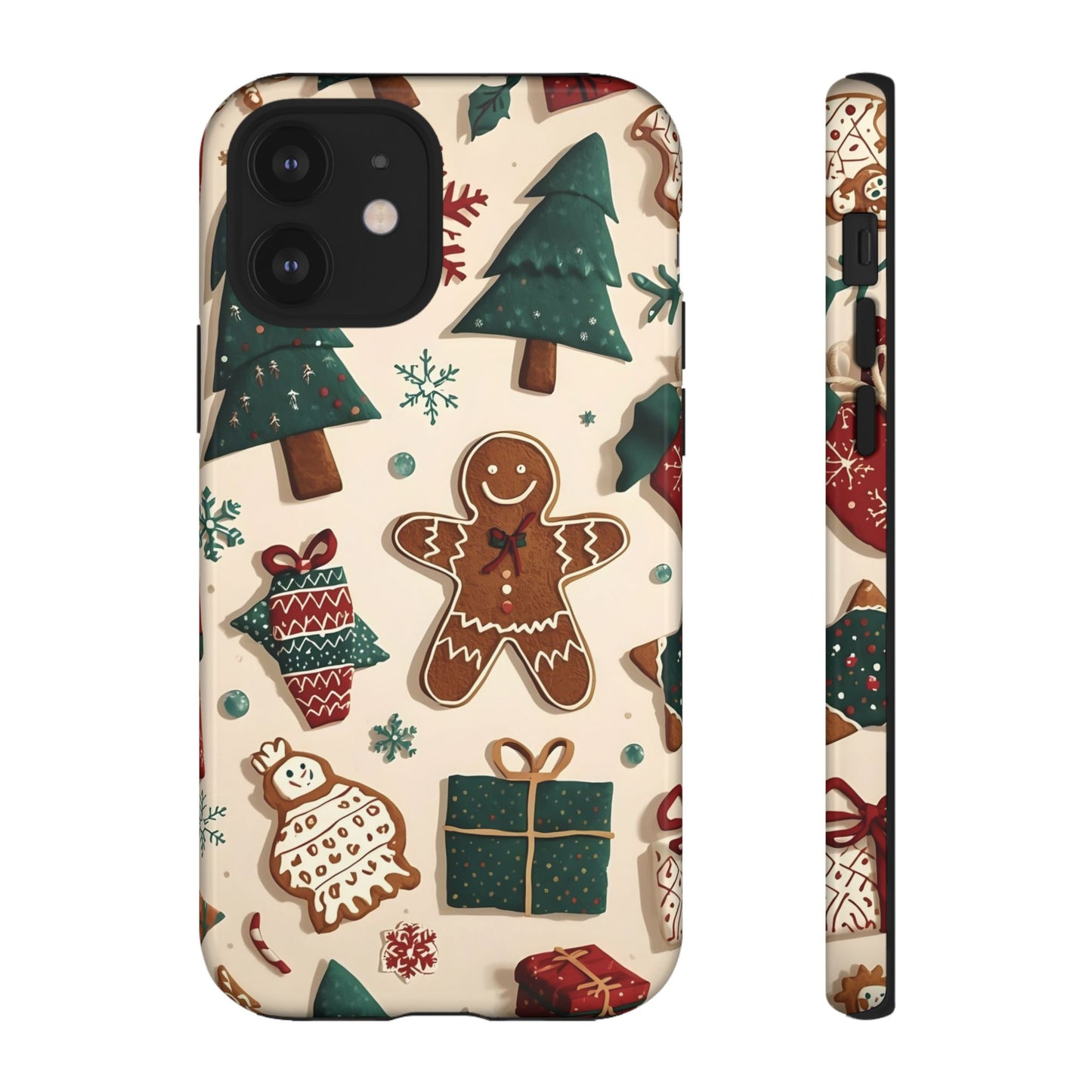Christmas Phone Case with Gingerbread and Christmas Tree Design, Dual Layer Case for Iphone 17, 16, 15, 14, 13, 12, 11 & Samsung