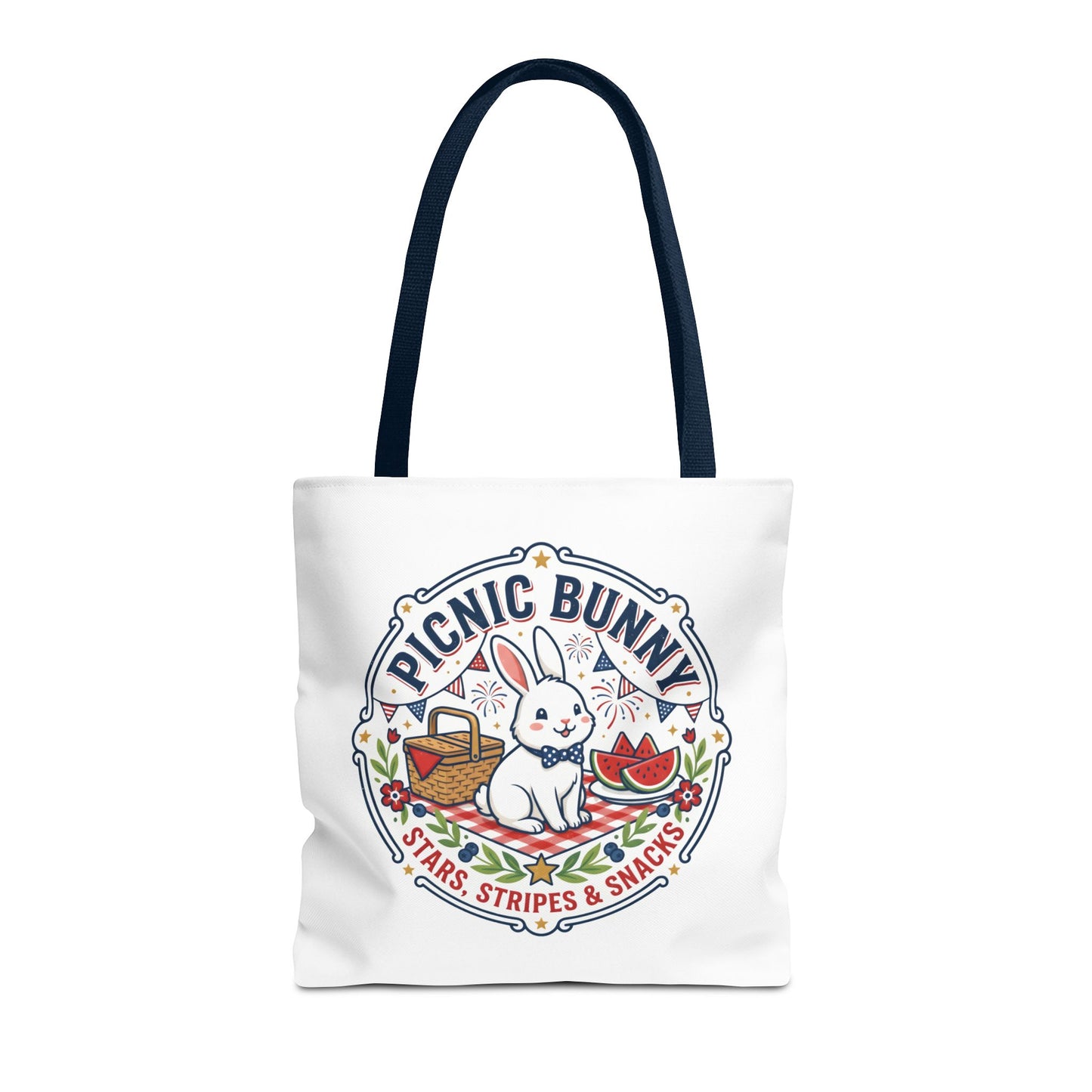 Patriotic Picnic Bunny Tote Bag — ‘Stars, Stripes & Snacks’ Cute Rabbit Picnic Tote, 4th of July Tote