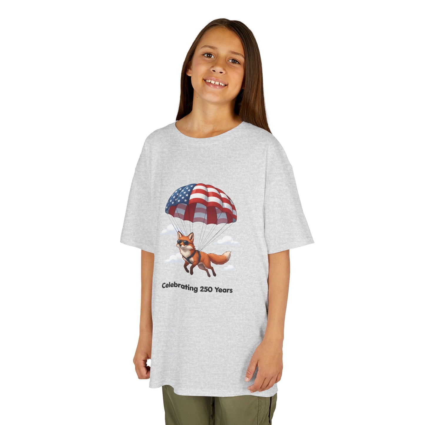 Kids Tee — Patriotic Fox with Parachute - “Celebrating 250 Years”