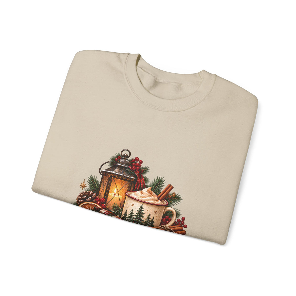 Cinnamon & Pine Crewneck Sweatshirt — Cozy Holiday Lantern Design Sweatshirt