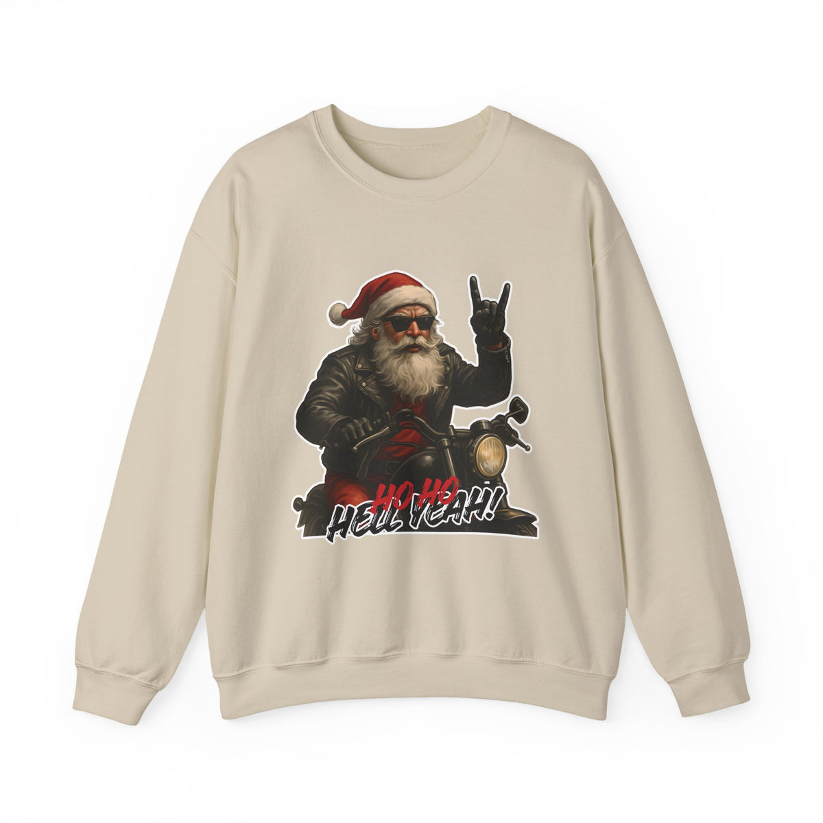 Santa Biker Crewneck Sweatshirt – 'Ho Ho Hell Yeah' Christmas Motorcycle Pullover