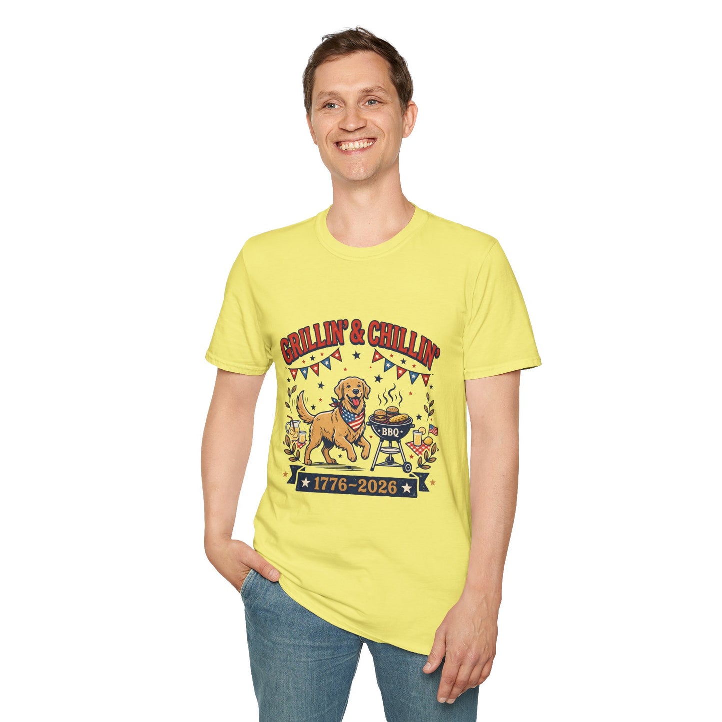 Grillin' & Chillin' BBQ Dog T-Shirt — 1776-2026 Patriotic Summer Tee, 4th of July Shirt, Independence Day Tee