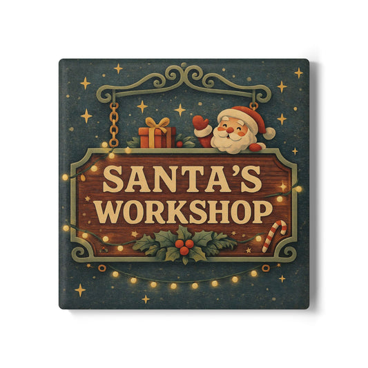 Santa's Workshop Ceramic Coaster — Vintage Christmas Coaster