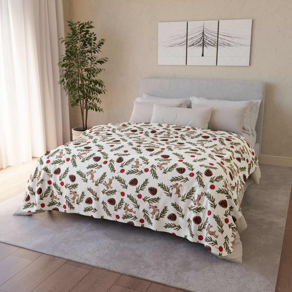 Holiday Pinecone Fleece Sherpa Blanket - Cozy Christmas Cabin Throw