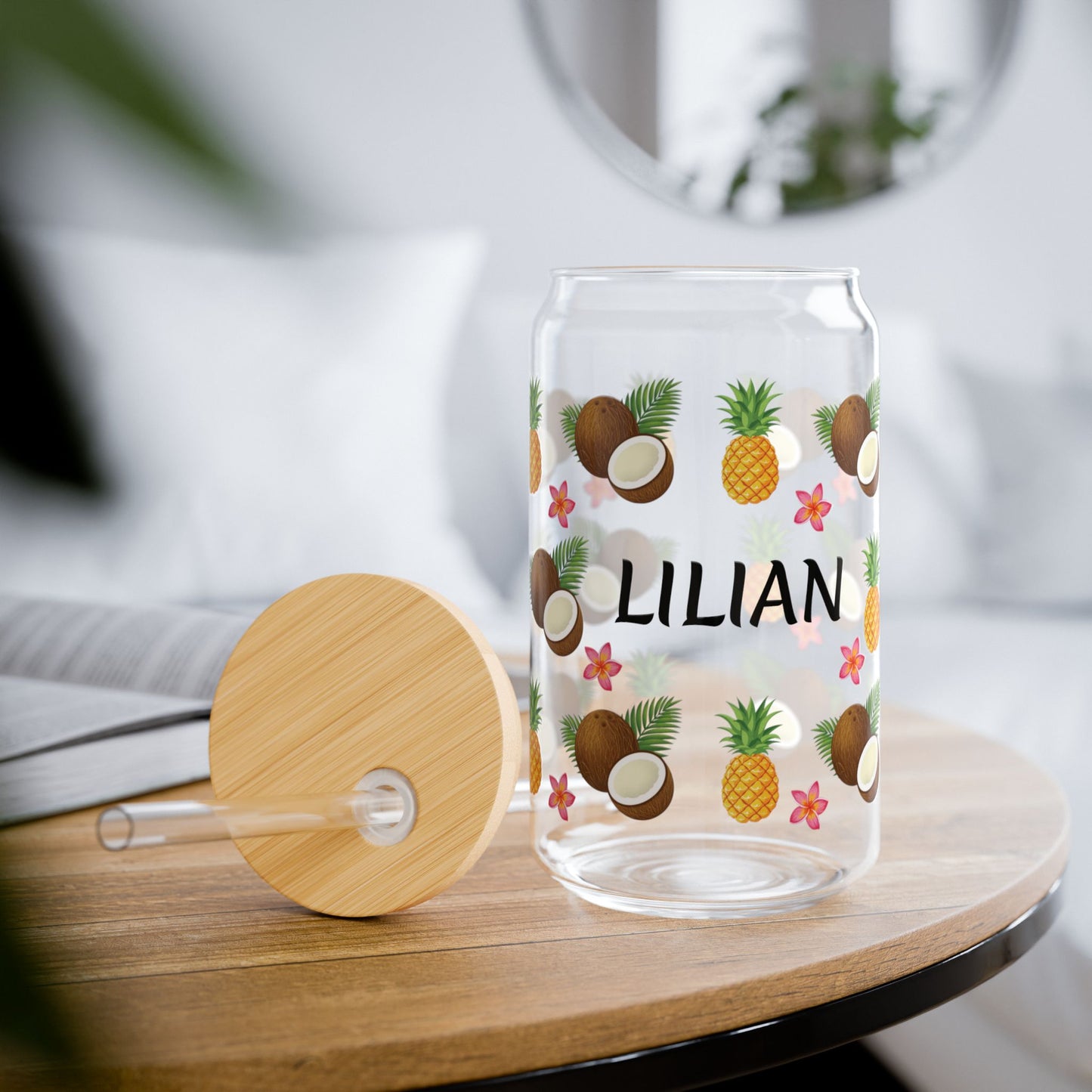 Personalized Tropical Sipper Glass — 16oz Pineapple & Coconut Straw Tumbler