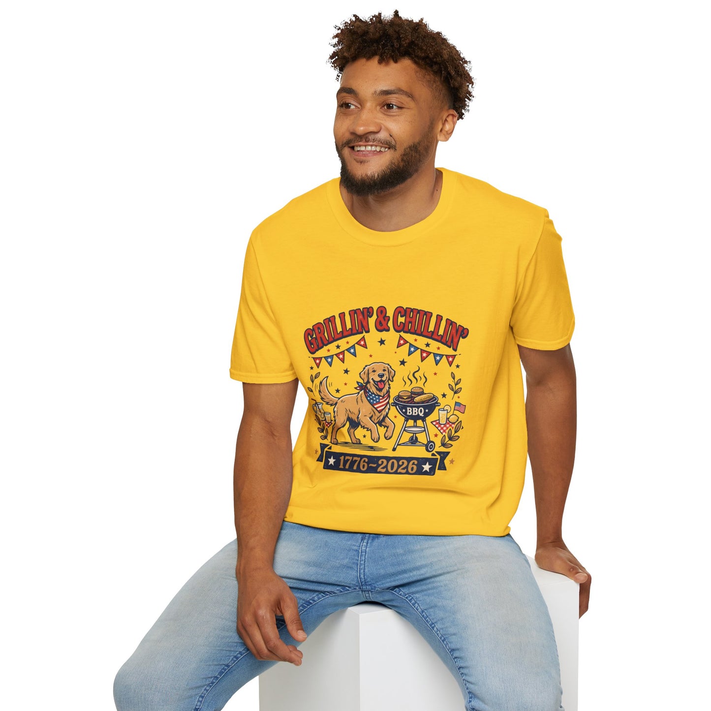 Grillin' & Chillin' BBQ Dog T-Shirt — 1776-2026 Patriotic Summer Tee, 4th of July Shirt, Independence Day Tee