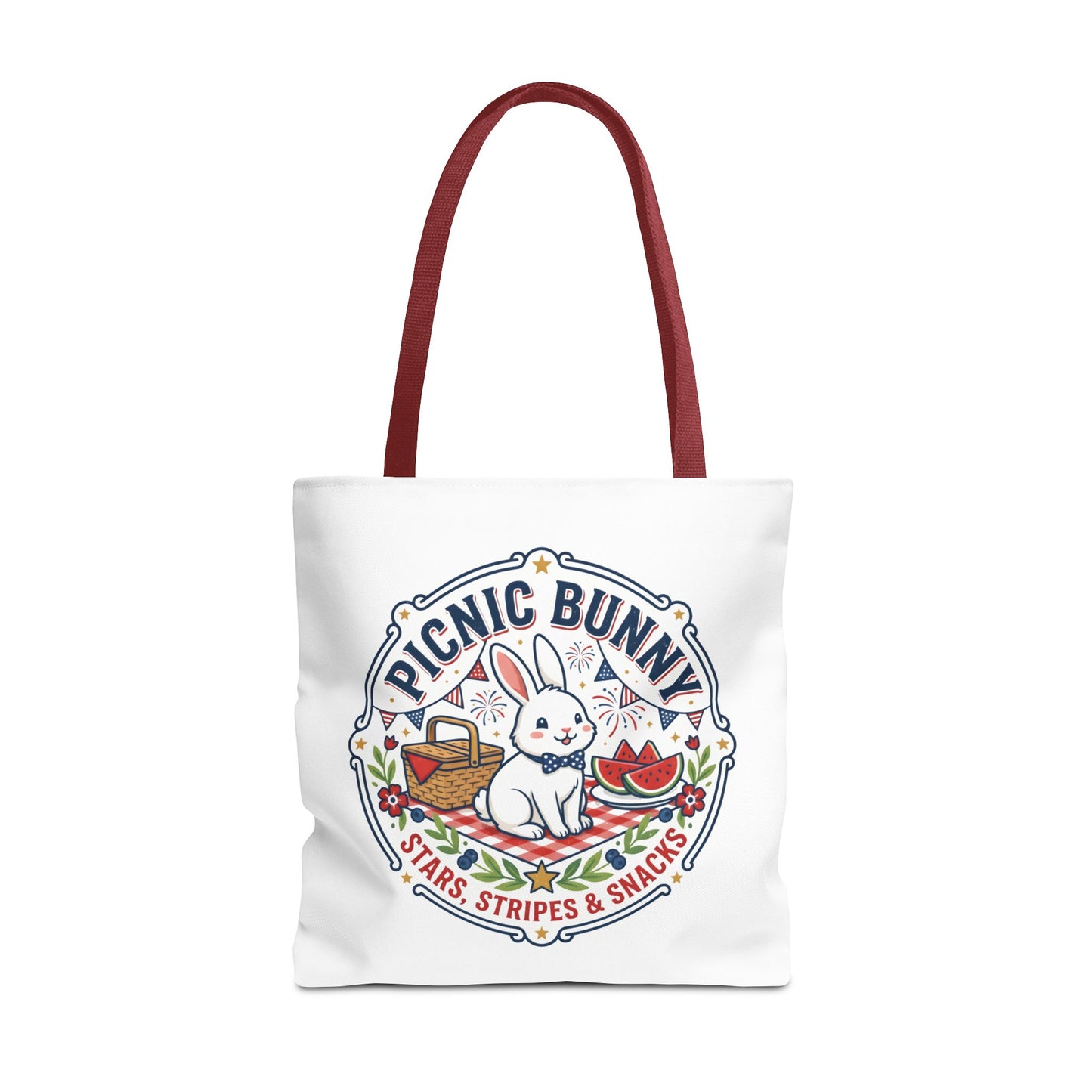 Patriotic Picnic Bunny Tote Bag — ‘Stars, Stripes & Snacks’ Cute Rabbit Picnic Tote, 4th of July Tote