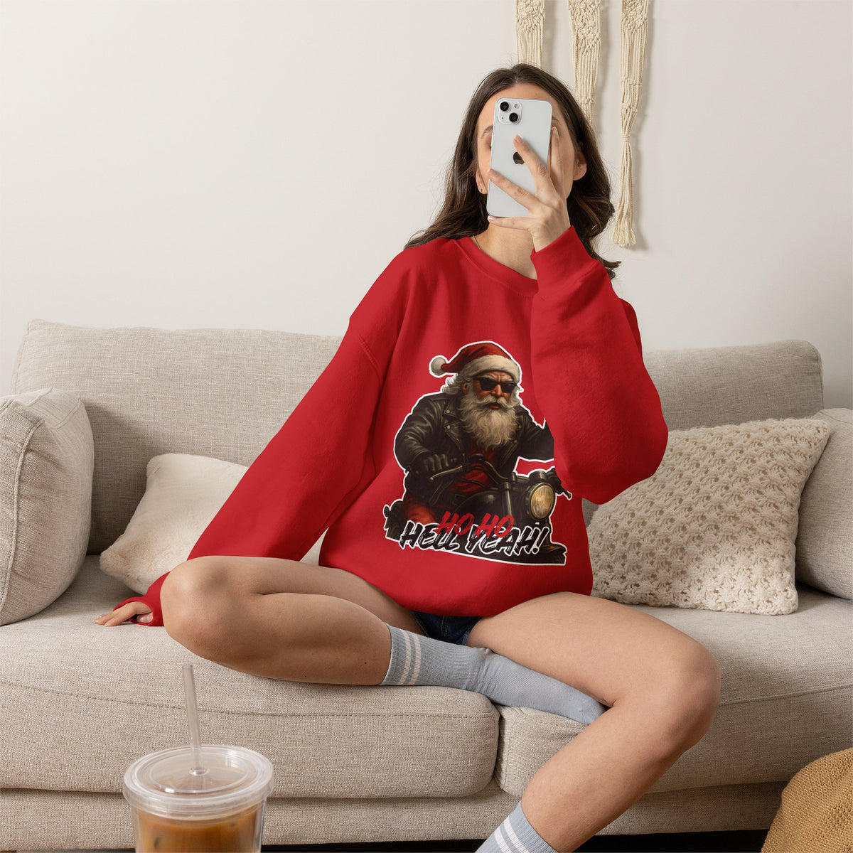 Santa Biker Crewneck Sweatshirt – 'Ho Ho Hell Yeah' Christmas Motorcycle Pullover