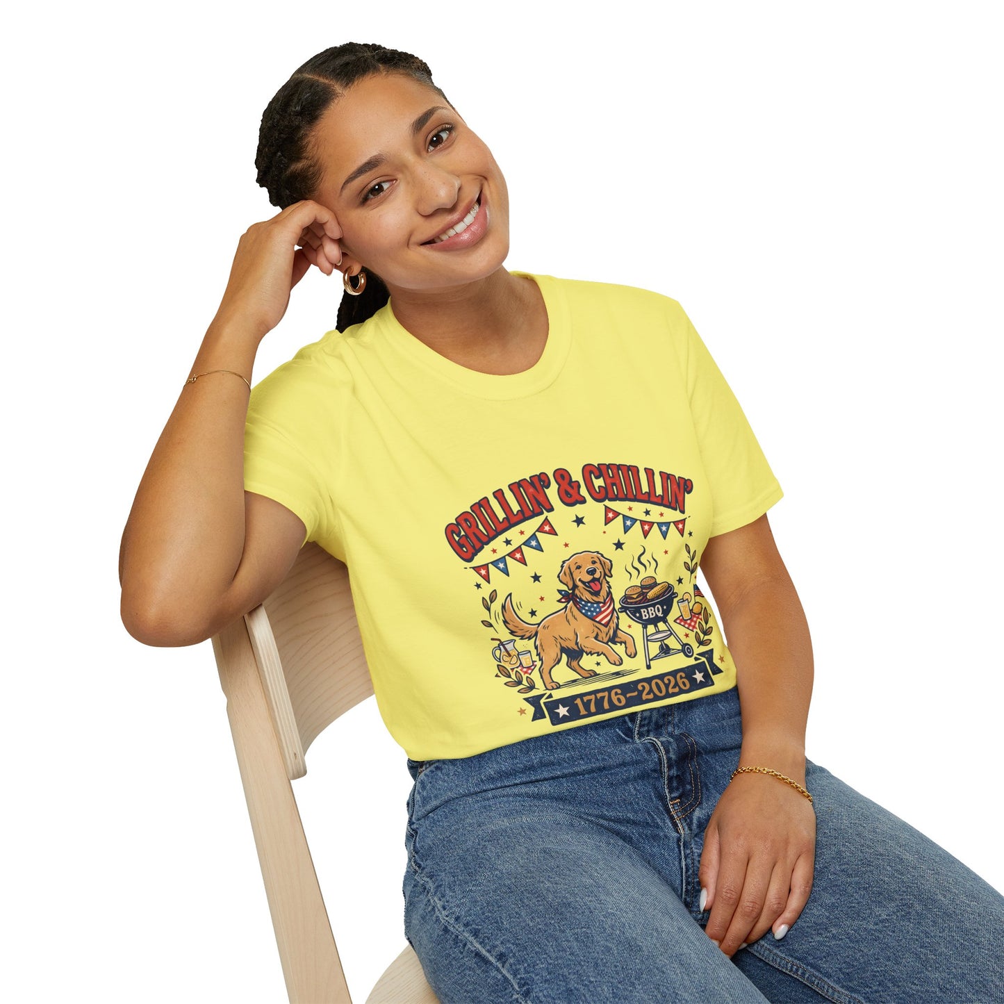 Grillin' & Chillin' BBQ Dog T-Shirt — 1776-2026 Patriotic Summer Tee, 4th of July Shirt, Independence Day Tee