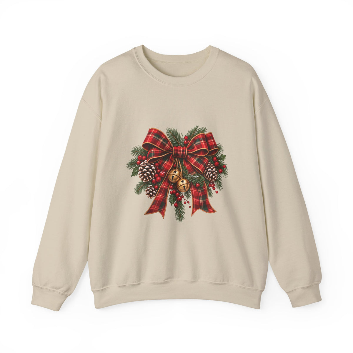 Christmas Plaid Bow Sweatshirt - Holiday Pinecone & Jingle Bells Crewneck