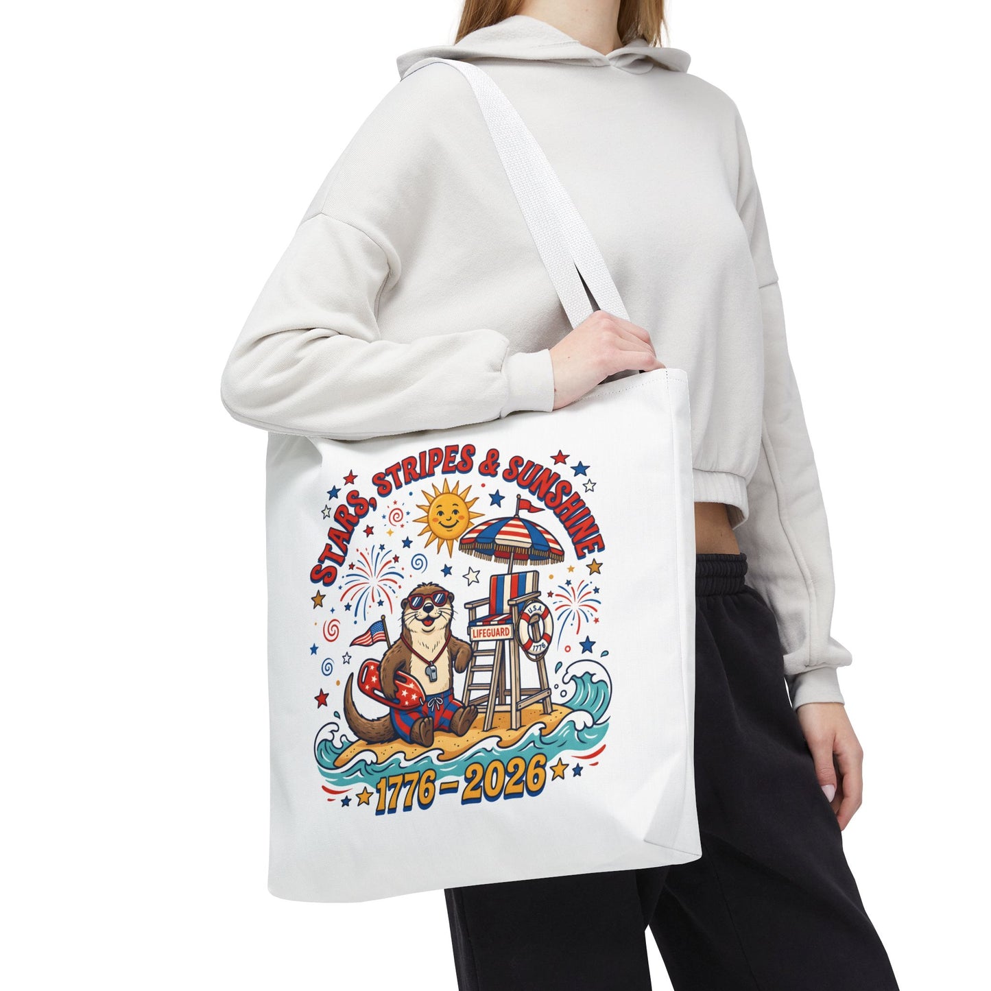 Stars, Stripes & Sunshine Tote Bag — 1776–2026 Patriotic Summer Beach Tote, 4th of July Tote