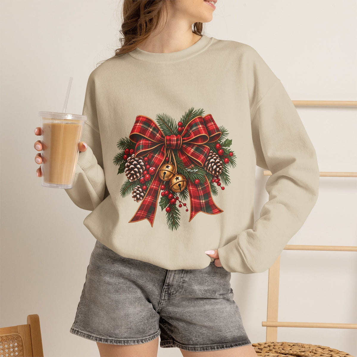 Christmas Plaid Bow Sweatshirt - Holiday Pinecone & Jingle Bells Crewneck