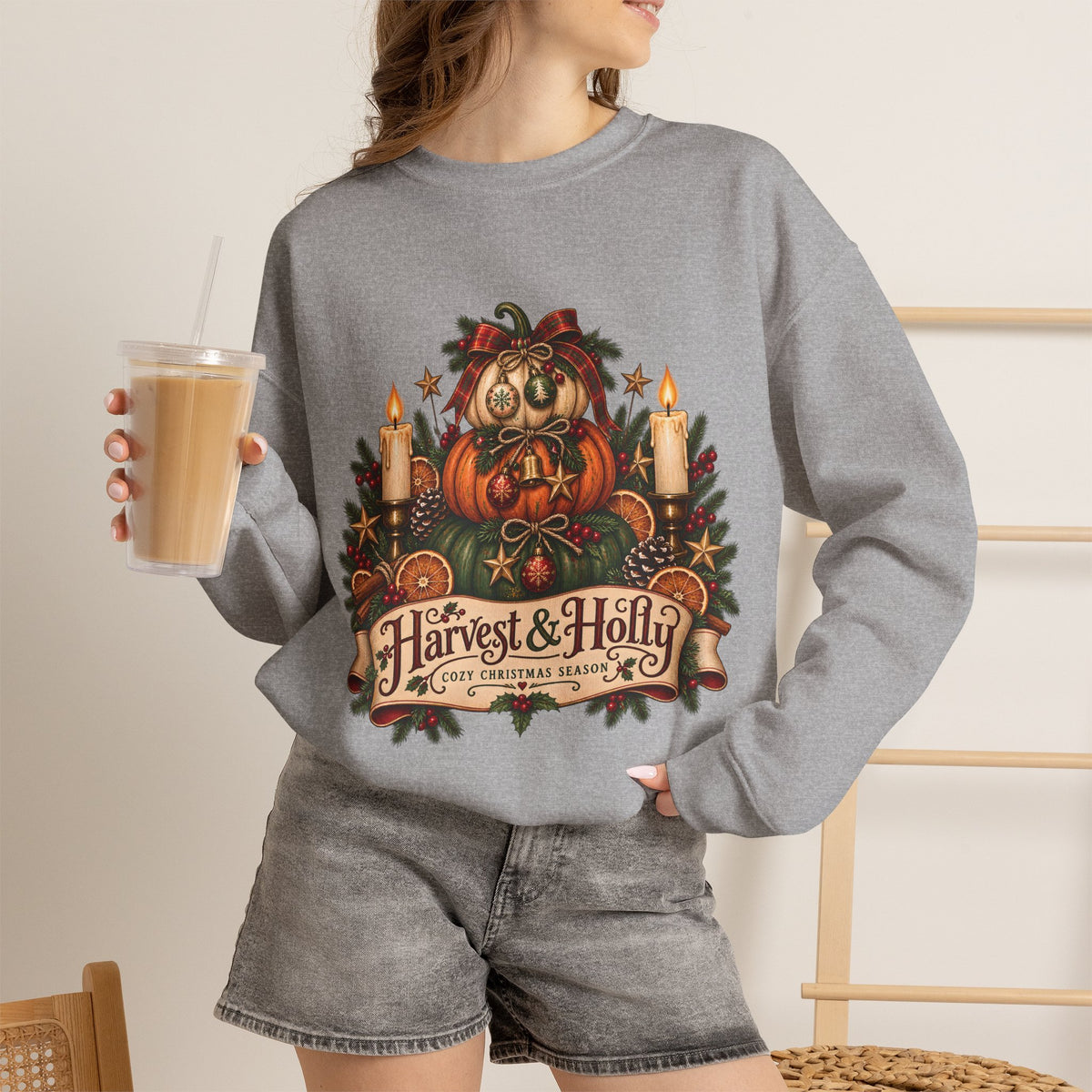 Harvest & Holly Crewneck Sweatshirt — Vintage Pumpkin Fall Graphic Sweatshirt