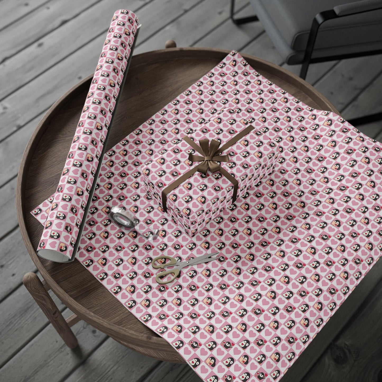 Penguin Hearts Wrapping Paper Roll — Pink Valentine Gift Wrap