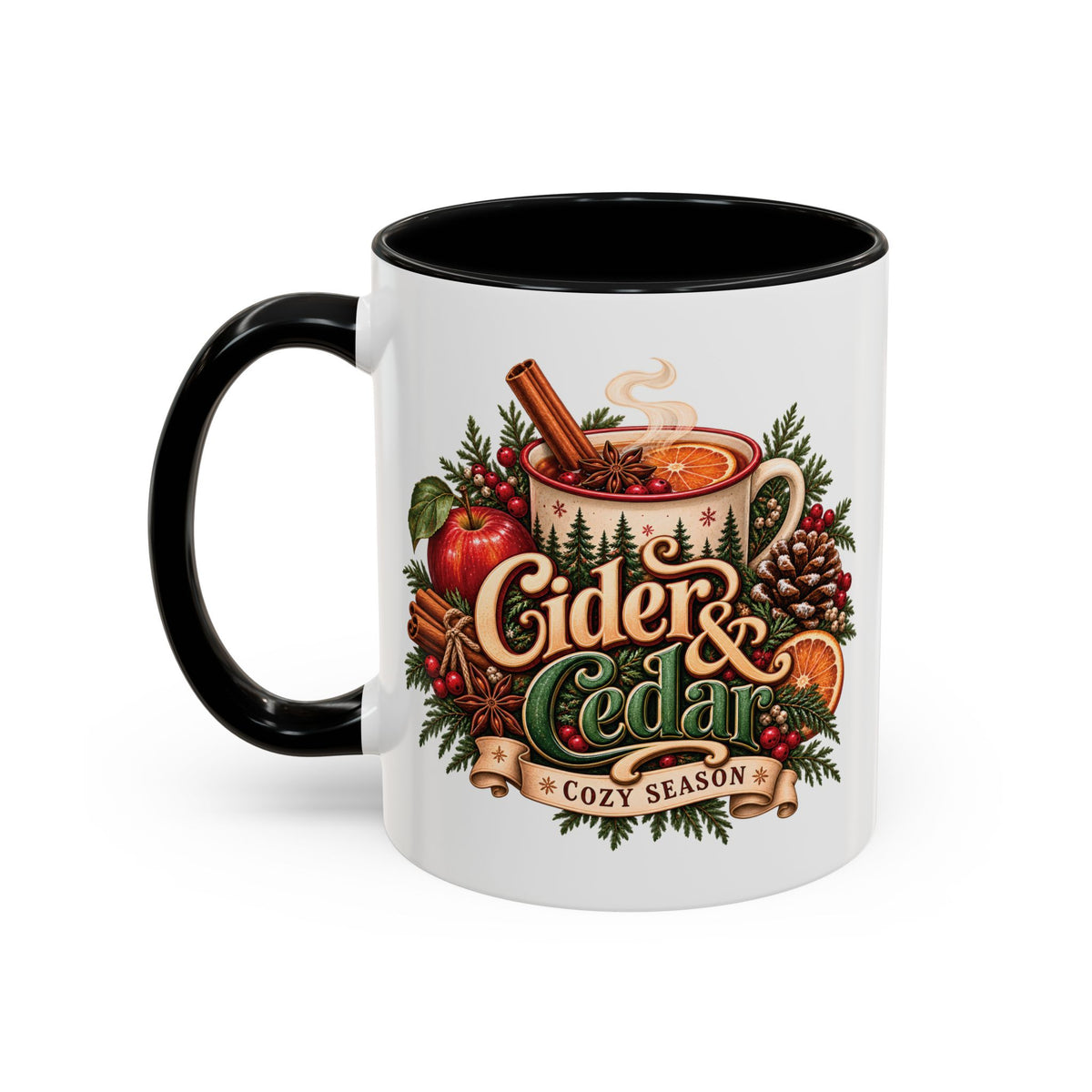 Cider & Cedar Accent Coffee Mug — Cozy Fall Hot Drink Gift (11 oz)