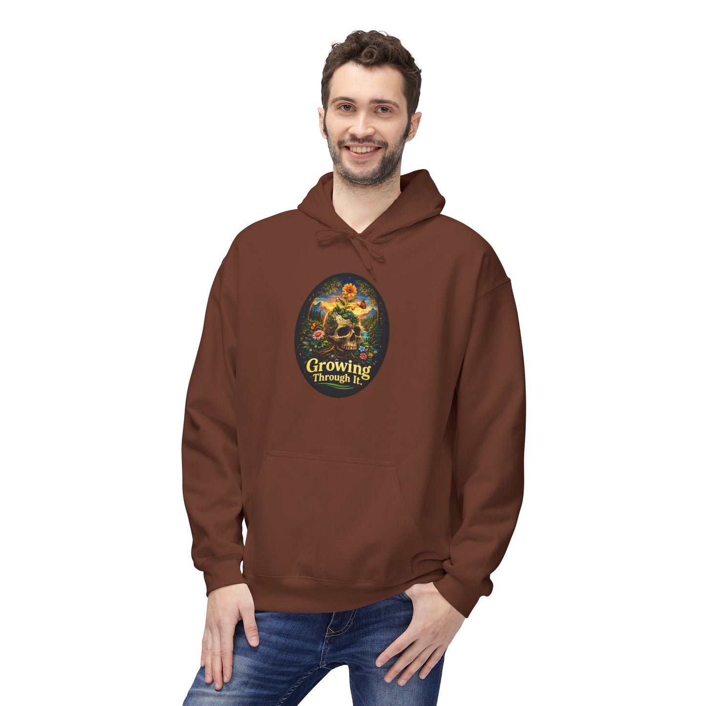 Growing Through It Hoodie – Earth Day Nature Skull Sweatshirt | Mental Growth & Healing Hoodie | Botanical Aesthetic Unisex Hoodie