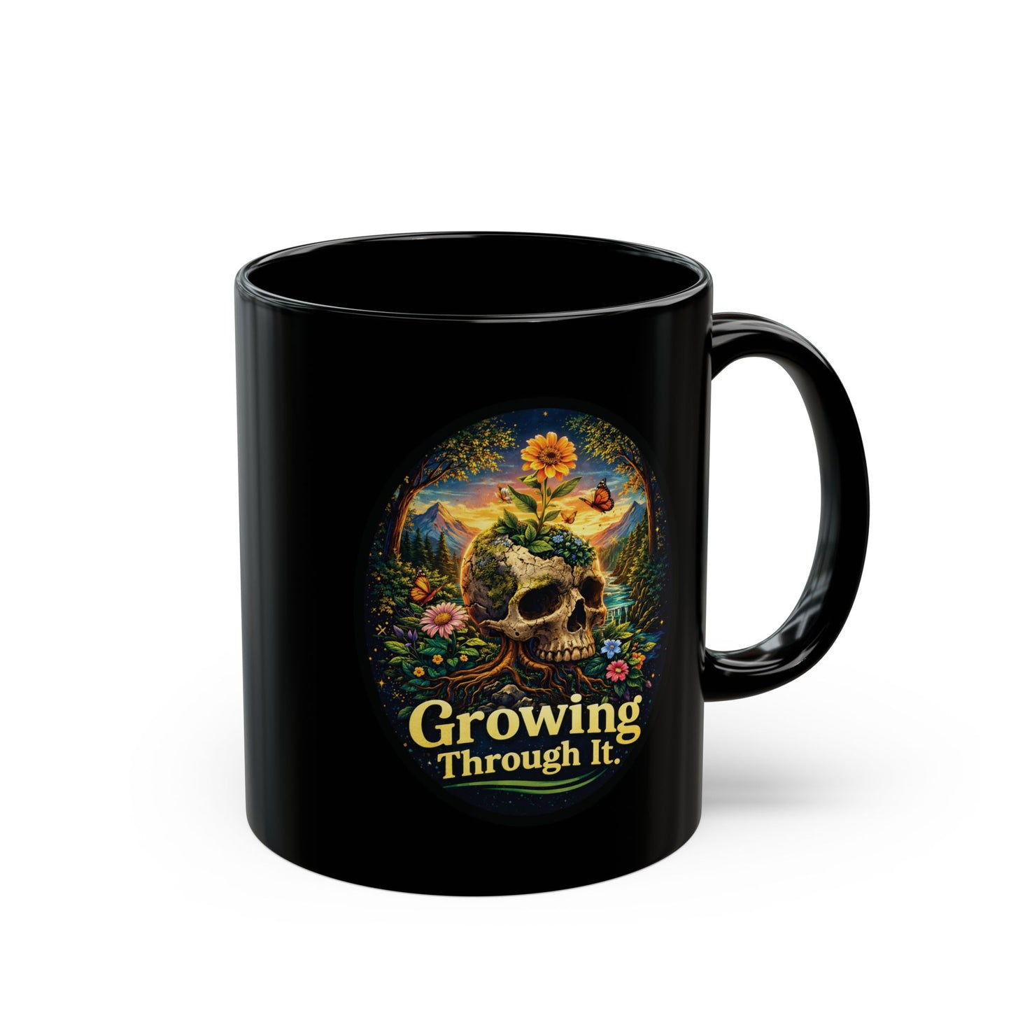 Growing Through It Black Mug – Earth Day Nature Skull Coffee Cup | Mental Growth & Healing Mug | Dark Botanical Aesthetic (11oz)