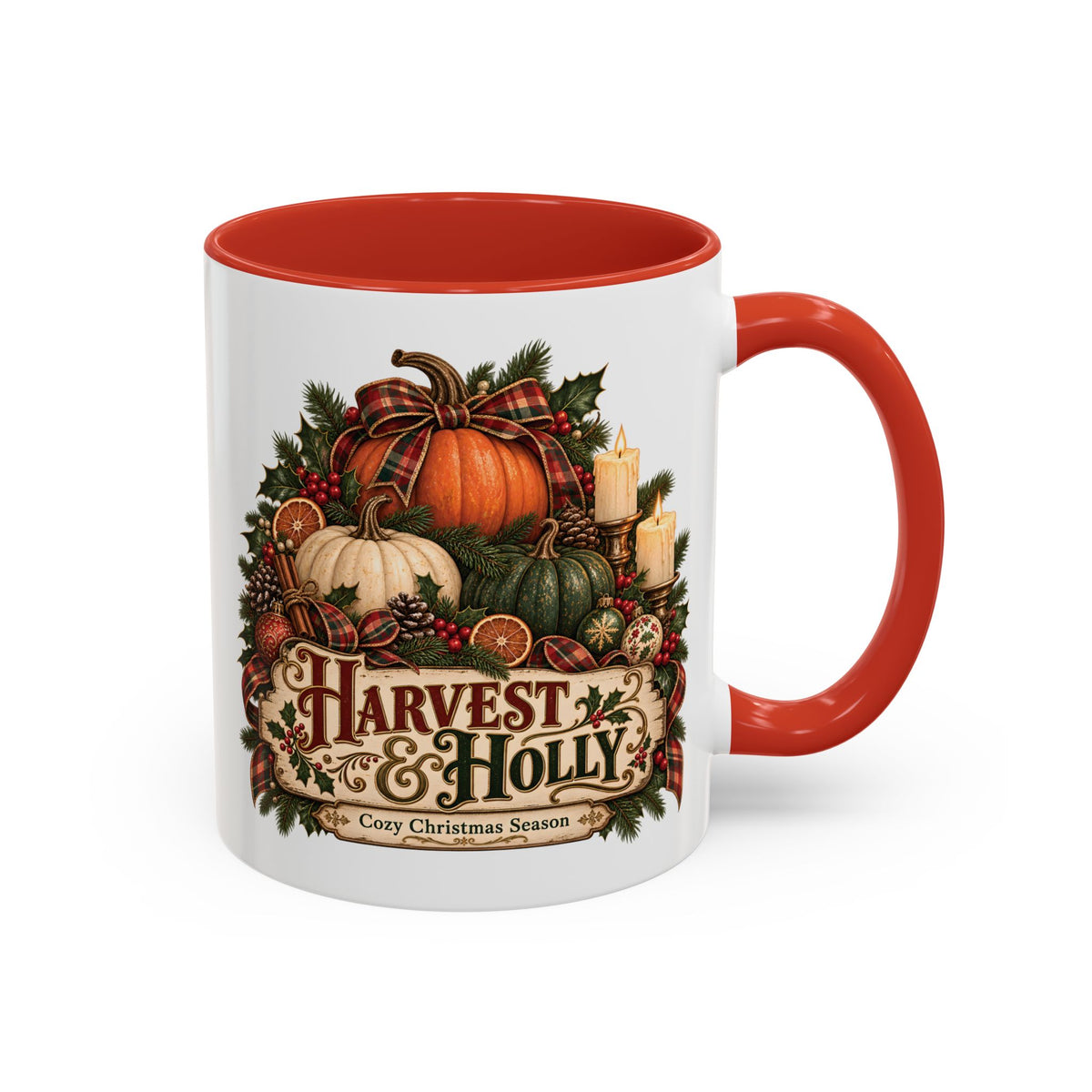 Harvest & Holly Accent Coffee Mug - Vintage Christmas Holiday Mug (11 oz)